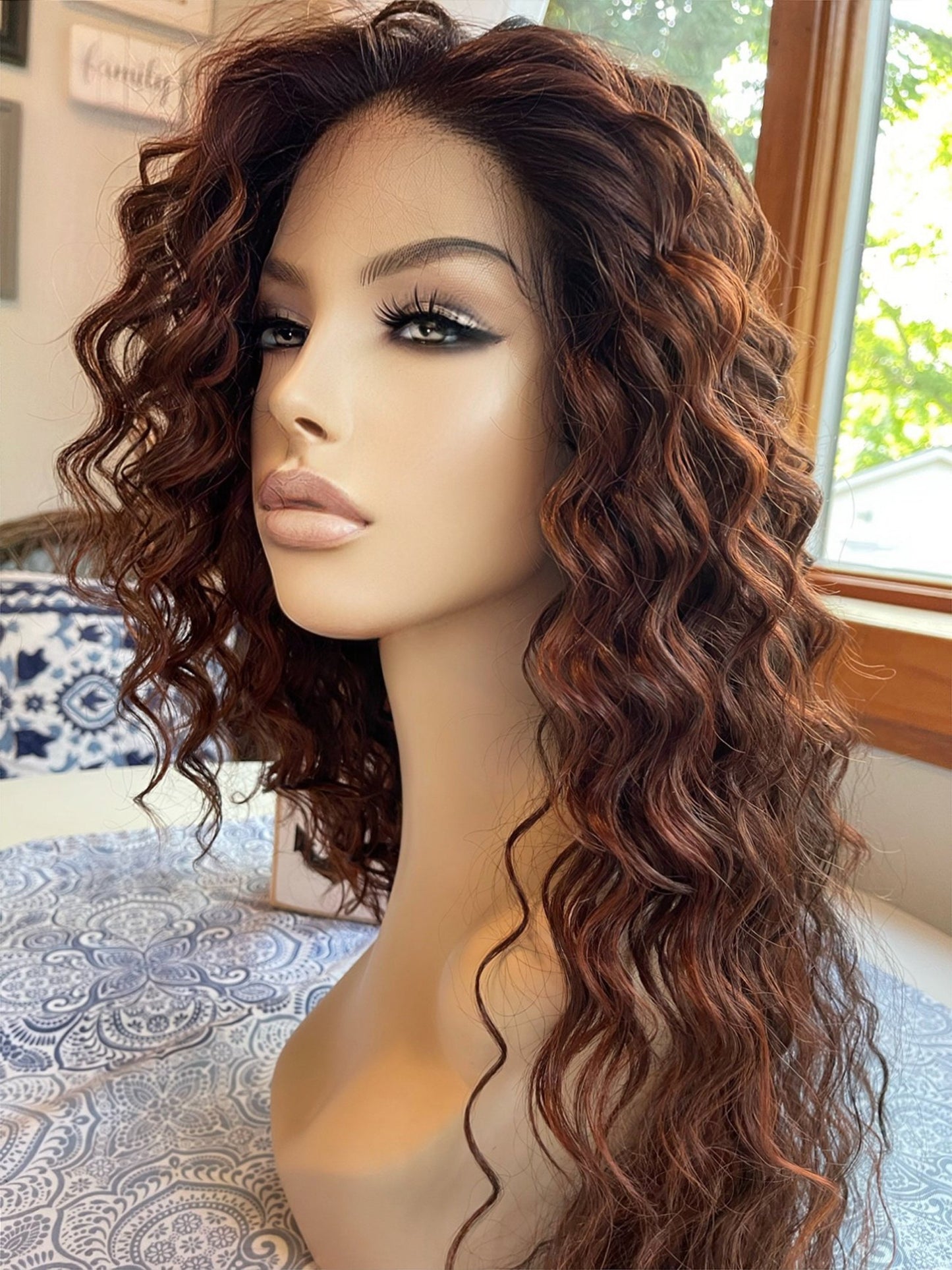 Geneva Frontal HD Human Blend Lace Front Mono Top Spiced Red Deep Curls Dark Root Hand Tied Drag Wig Pink Wavy Wig