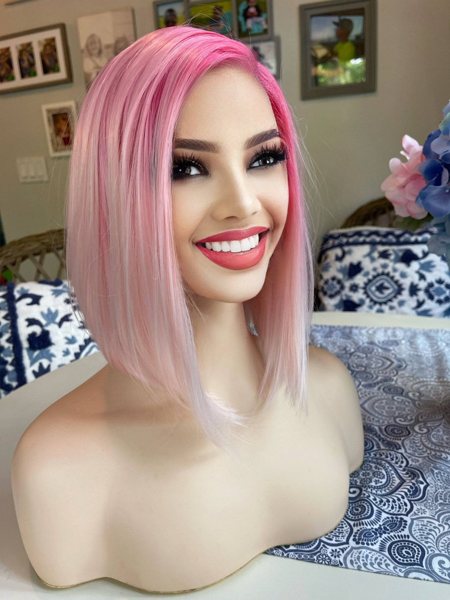 Bunny Pink Bob Wig Pastel Wig Side Part Colorful Roots Wig Hand Tied Color Shorter Length Lace Front Wig Short Wig Pink Pixie Cut