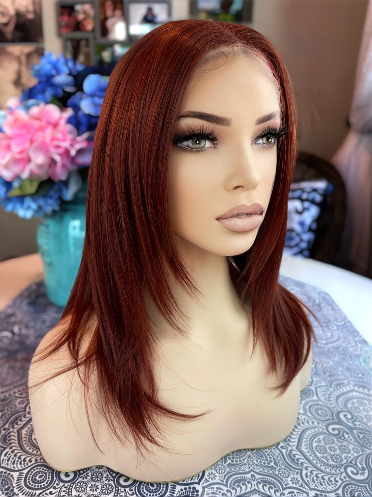 Dylan Wig Razor Cut Red Copper Lace Front Hand Tied Straight Medium HD Wig Center Parting Highlighted Long Rooted Drag Wig Medical Wig