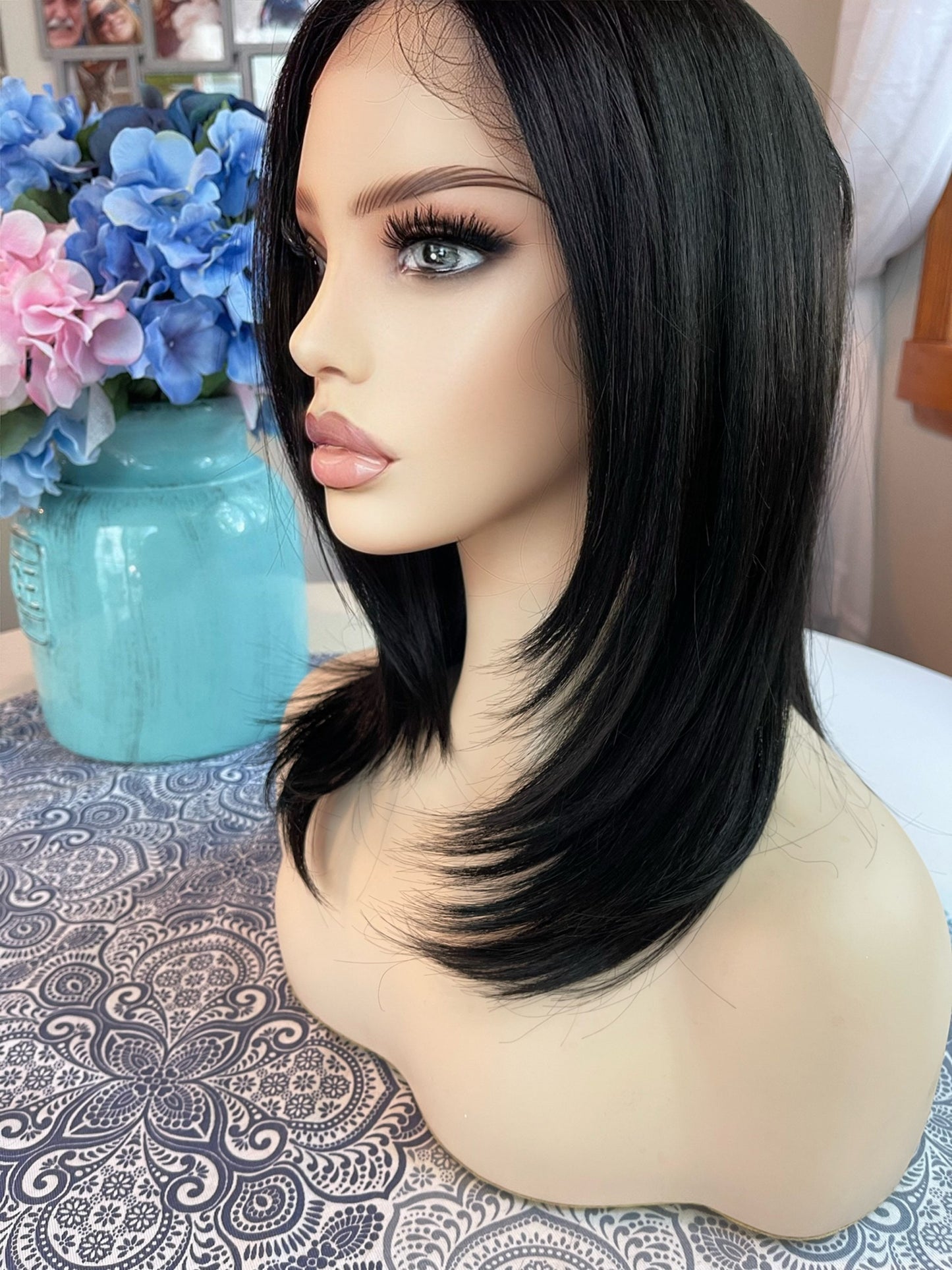 Daria Wig Razor Cut Black Lace Front Hand Tied Straight Medium HD Wig Center Parting Highlighted Long Rooted Drag Wig Medical Wig