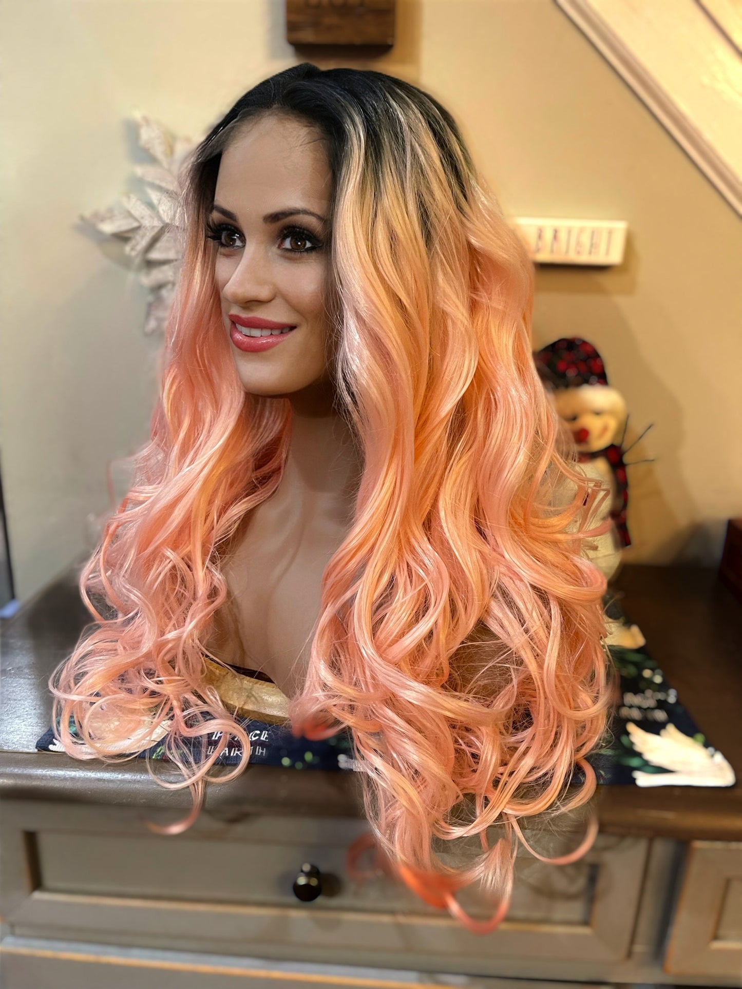 Leela Pink Wig Lace Front Rooted Balayage Ombre Wig Dark Roots Curly Wig Color Melt Wig Lace Front Wig Hand Tied Wig Festival Hair