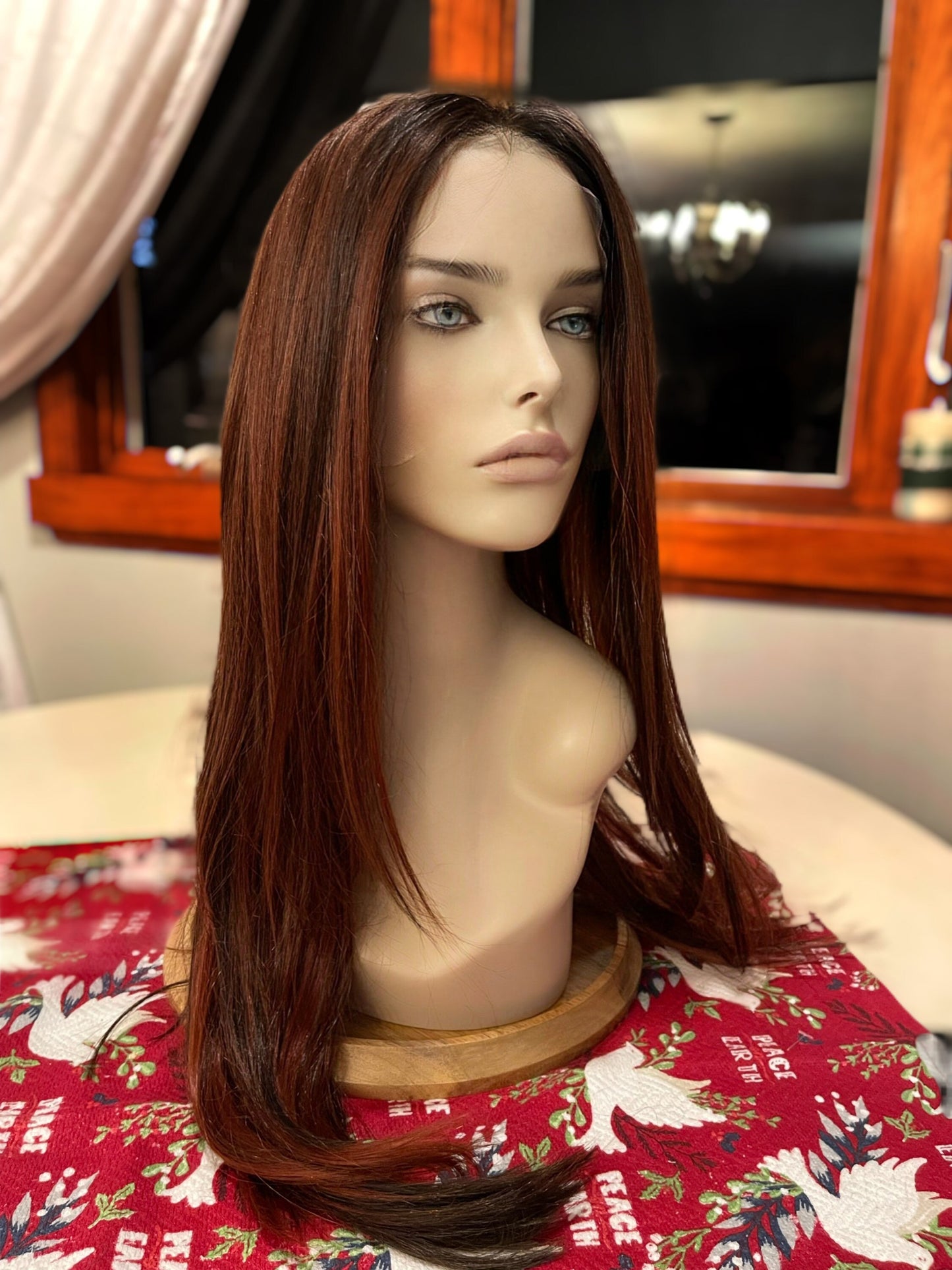 Jahla Frontal HD Human Blend Cayenne Crush Lace Front Mono Top Red Deep Curls Dark Root Hand Tied Chemotherapy Hair Loss Straight Wig