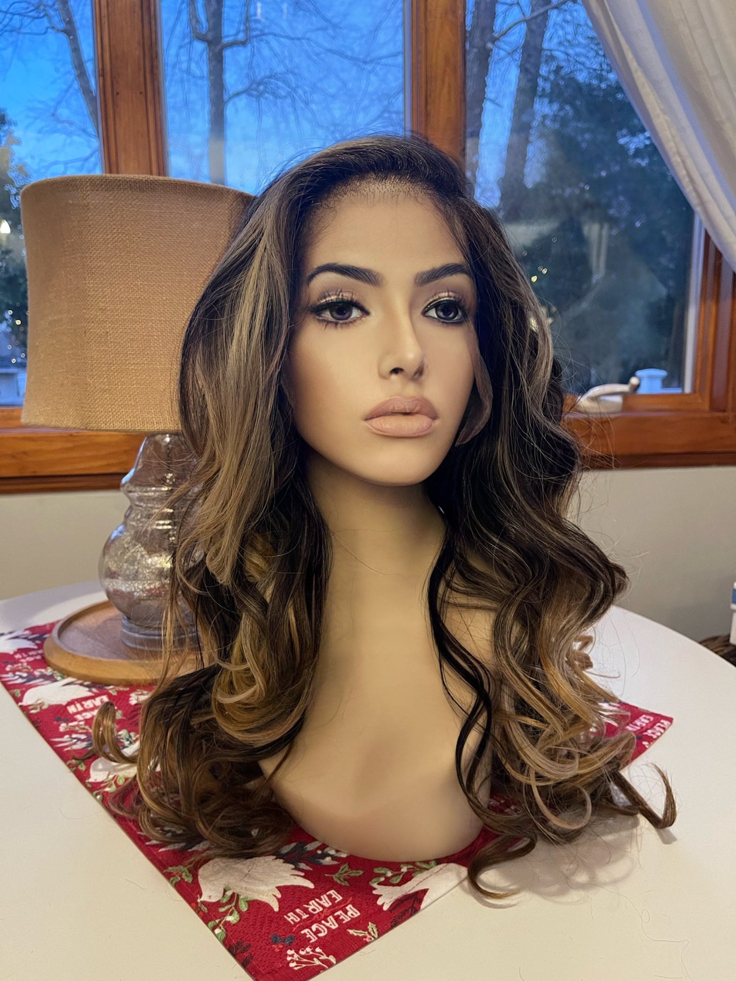 Margaux Full Density Long Wig Human Blend Wig Lace Frontal Mixed Brown Highlights Ombre Wig Hand Tied Wig Lace Front Wig Parting HD Lace Wig