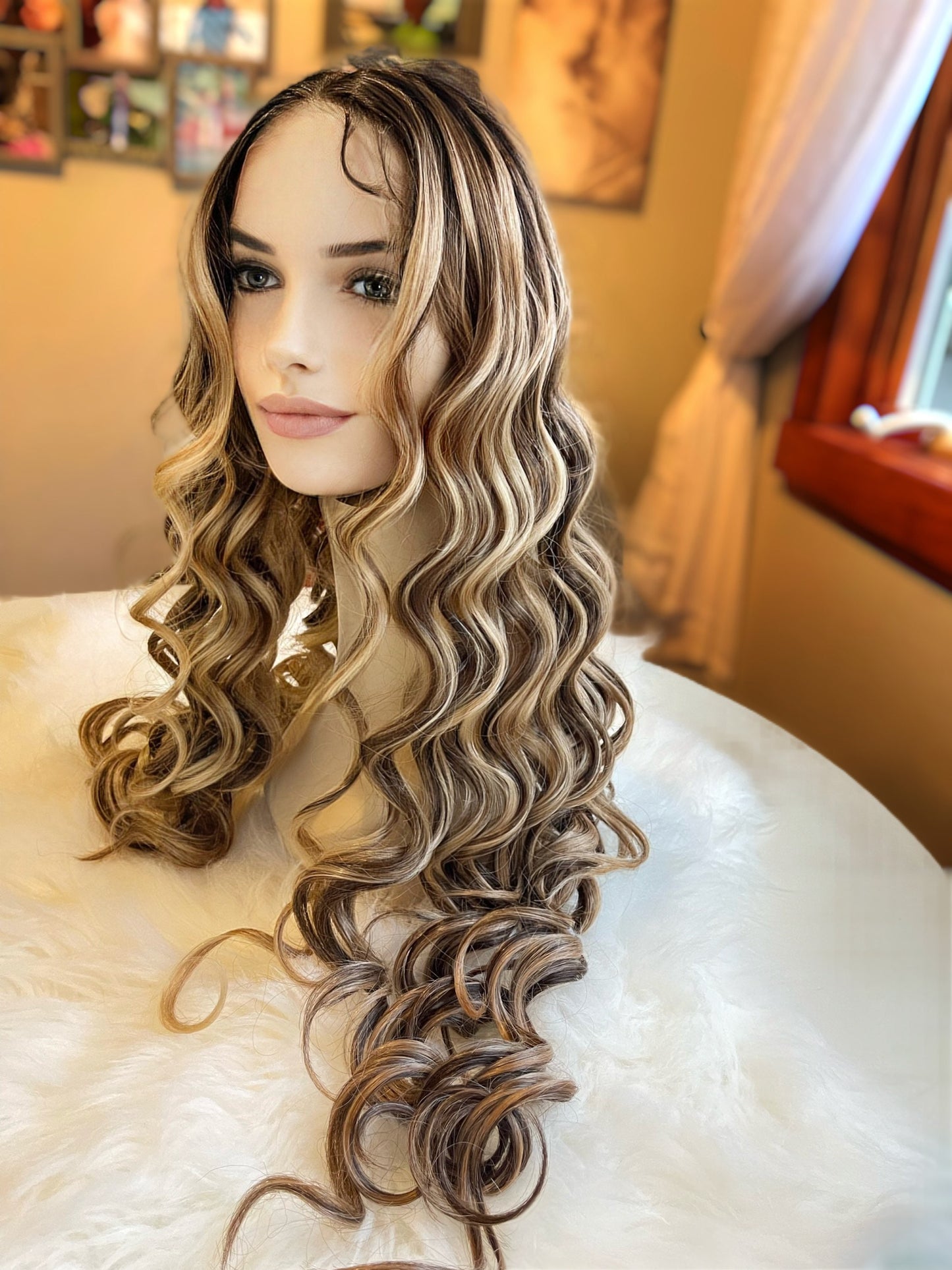 Madamoiselle Opera Extra Long Wig Curly Wig Light Density Hand Tied Brown Caramel Human Blend Highlights Wig Hand Tied Wig HD Lace Wig
