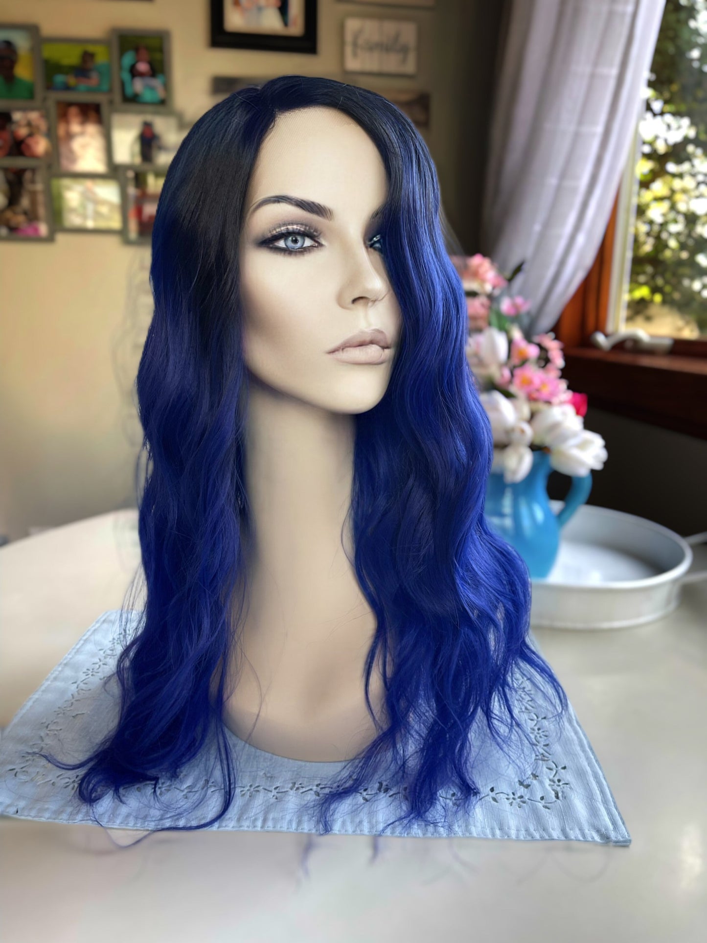 Skye Lace Front Wig Rooted Ombre Sapphire Blue Wig Loose Wave Long Realistic Editorial HD Synthetic Heat Defiant Wig Side Part
