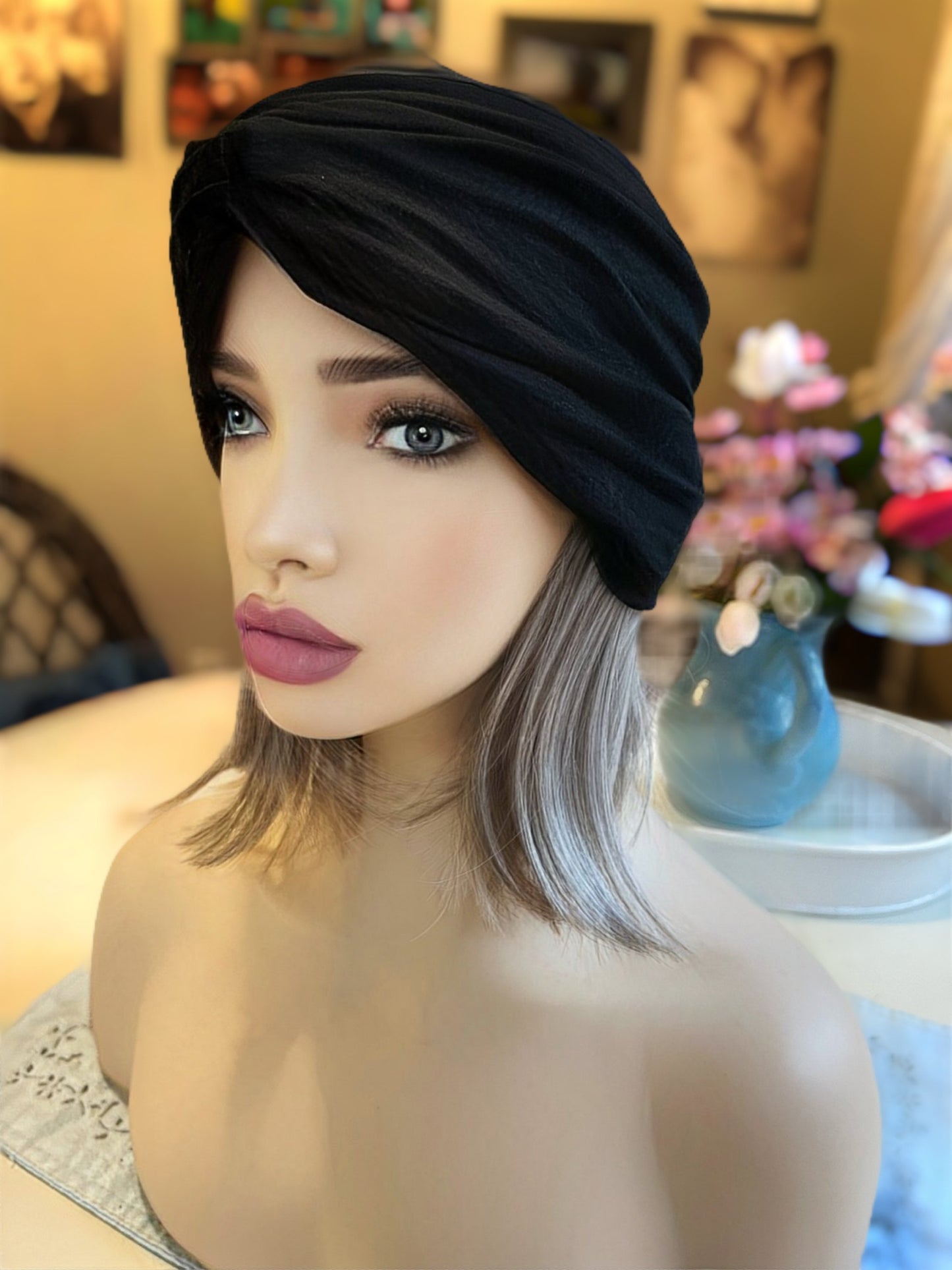 Knockout Salt and Pepper “Two Ways” Grey Turban Hair Wig Fall Wig Sleek Straight Wig Lightweight Wig Chemo Alopecia Trich Radiation Therapy