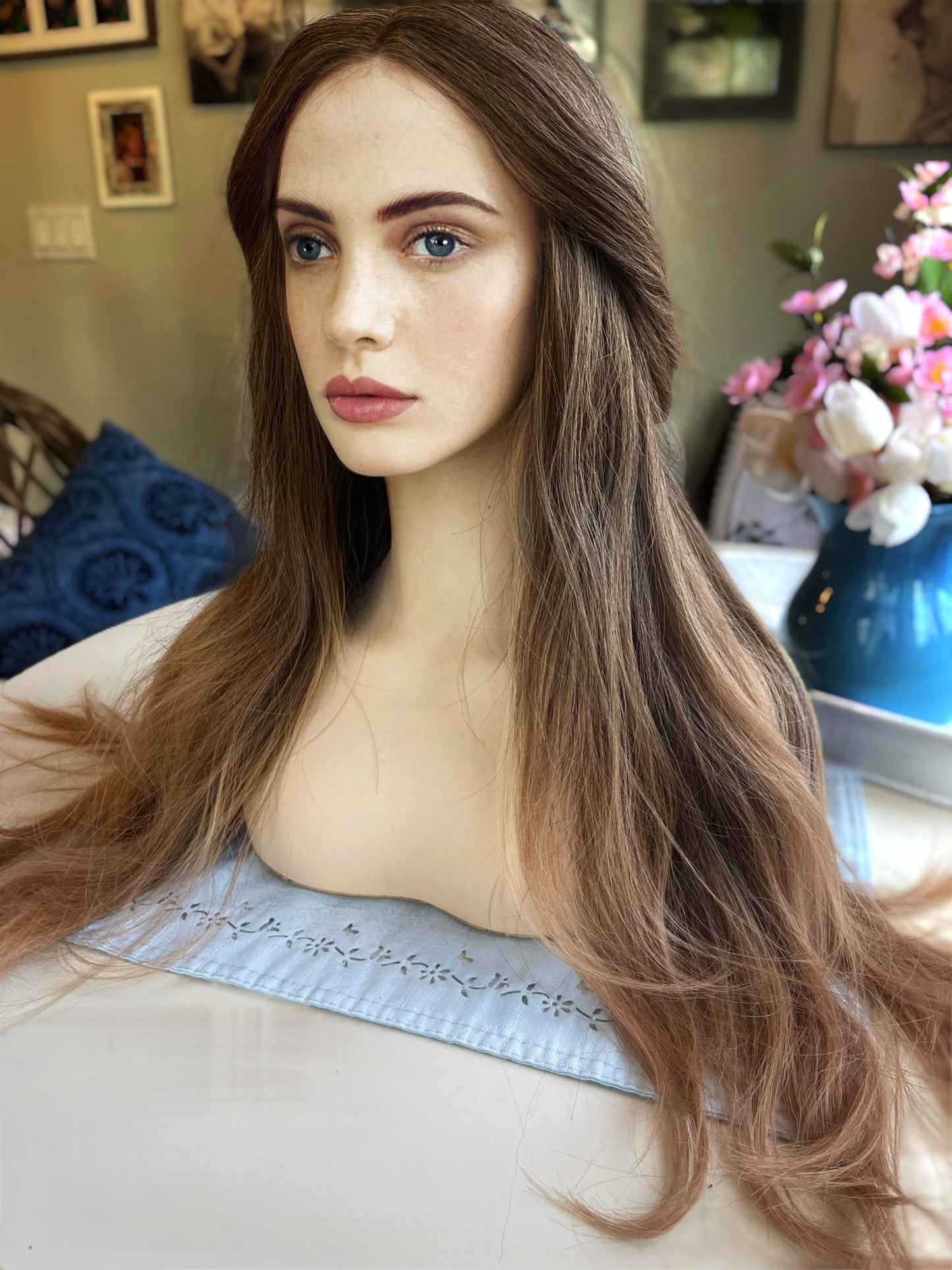 Hartley Warm Brunette Hard Front Wig Skin Parting Wig Long Two toned Human Blend Wig