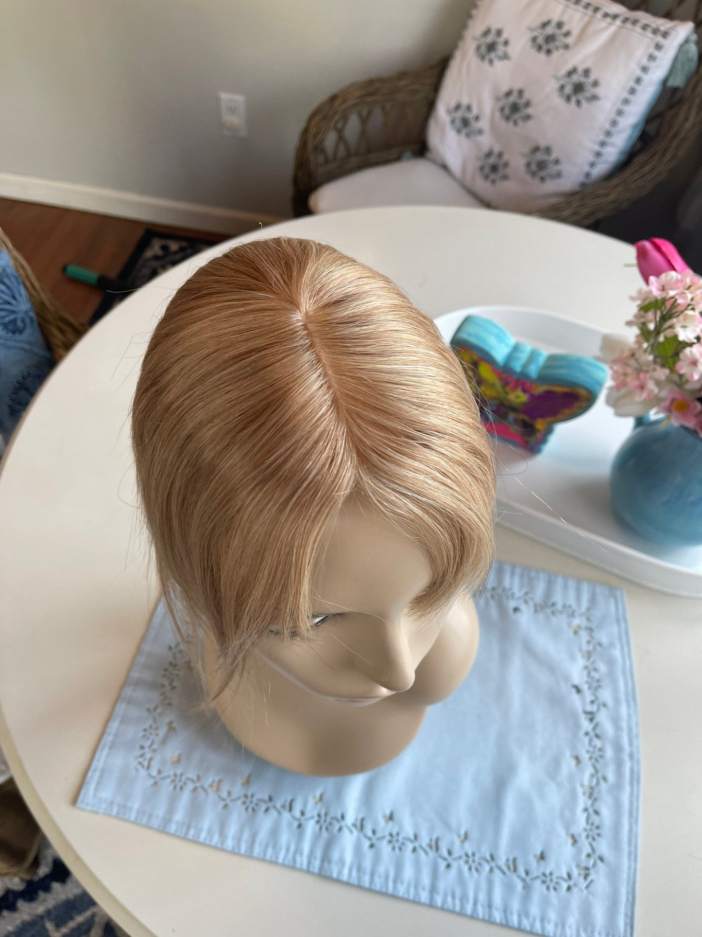 Shawnette Light Density 100% Human Hair Topper Wig Warm Lightest Blonde Color Blend Silk Top Parting Topper for Clip In Bangs Topper