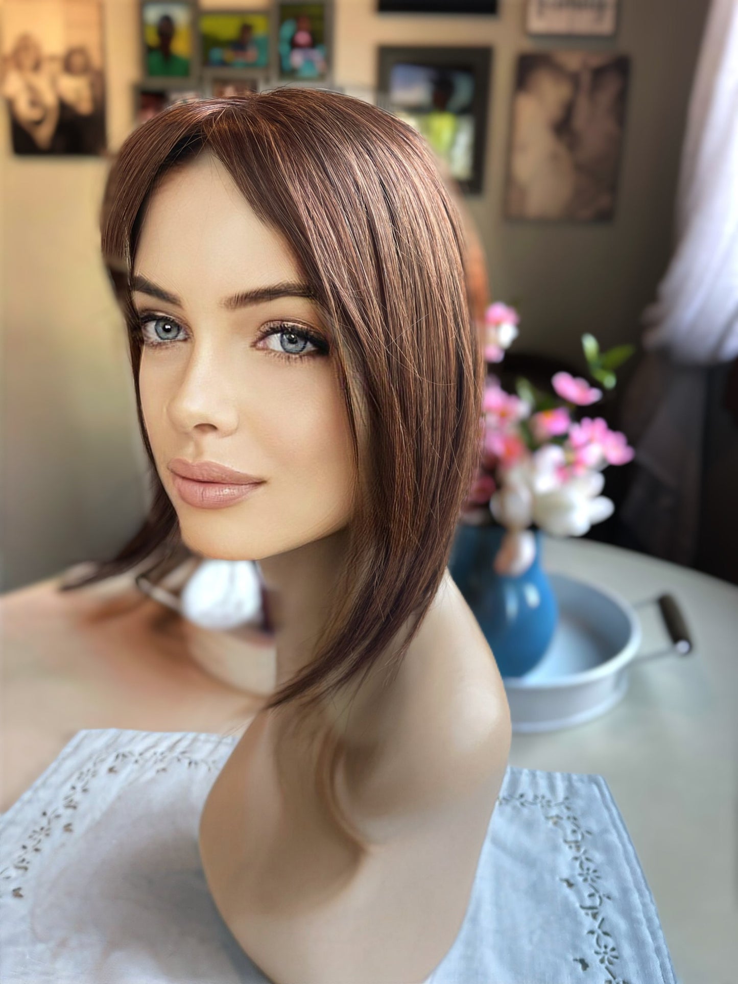 Odette Light Density Topper 100% Human Hair Topper Wig Warm Coppery Brown Silk Top Parting Topper for Clip In Bangs Topper