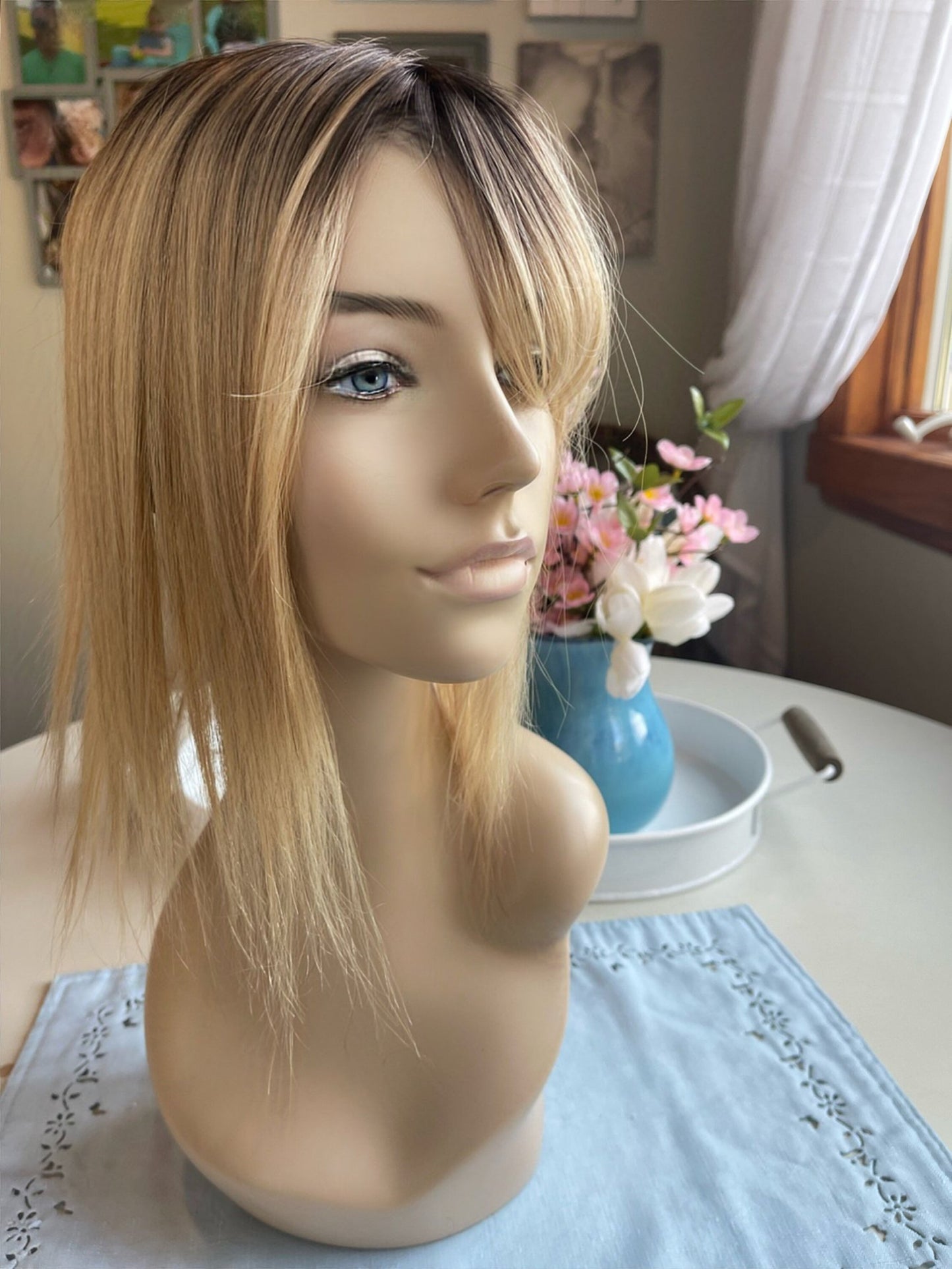 Jeanette Light Density With Bangs 100% Human Hair Topper Wig Warm Light Blonde Ombré Root Color Blend Silk Top Parting Topper