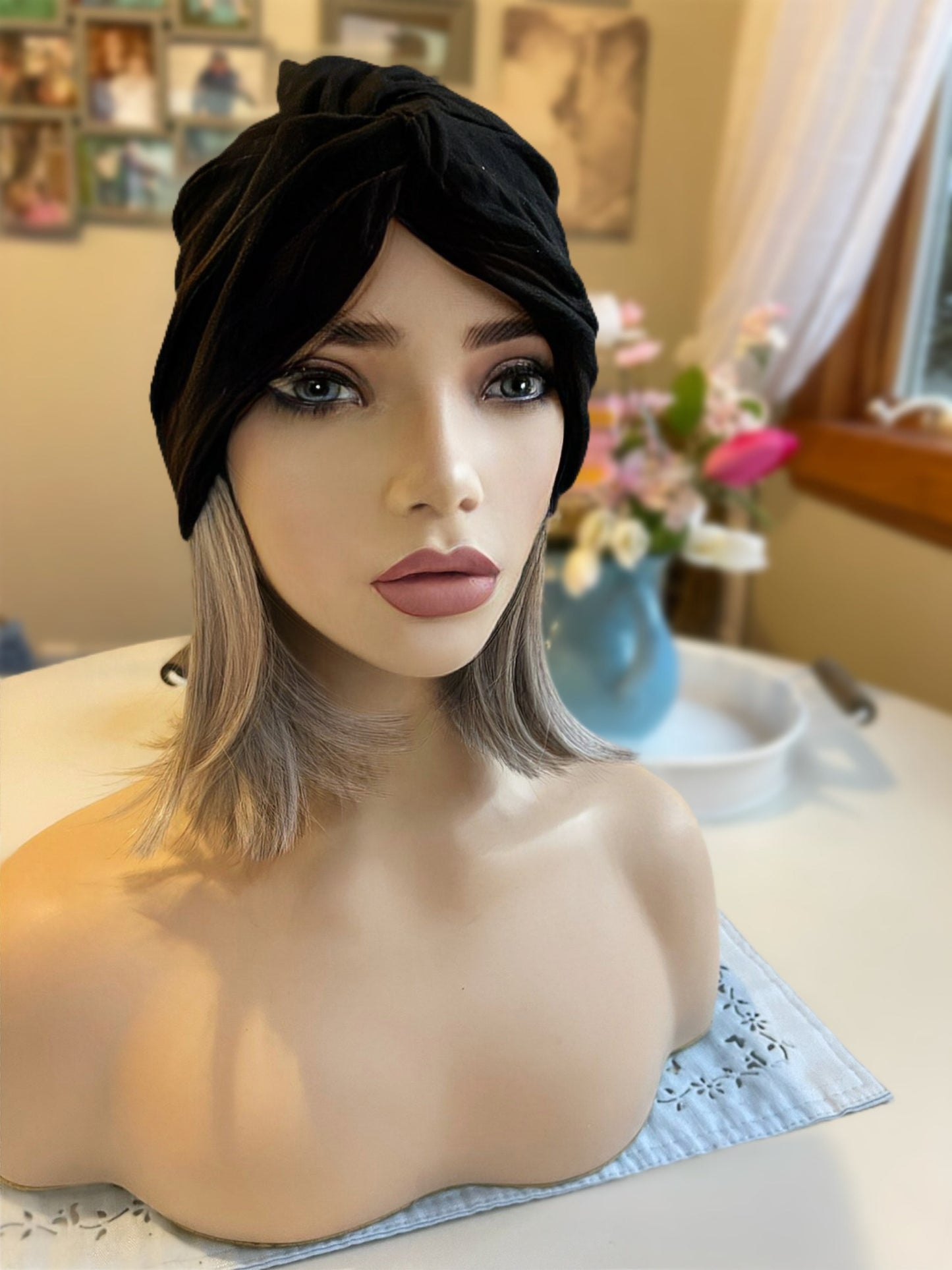 Knockout Salt and Pepper “Two Ways” Grey Turban Hair Wig Fall Wig Sleek Straight Wig Lightweight Wig Chemo Alopecia Trich Radiation Therapy