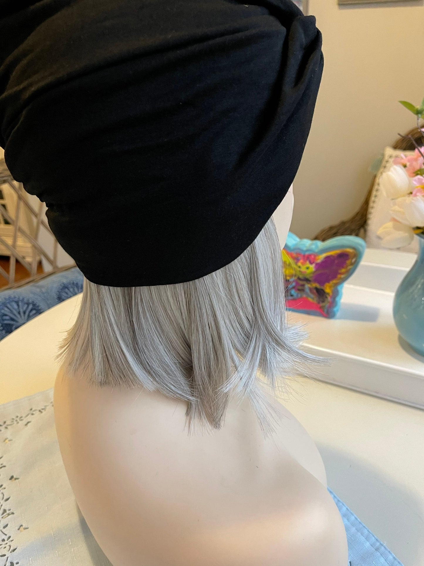 Knockout Salt and Pepper “Two Ways” Grey Turban Hair Wig Fall Wig Sleek Straight Wig Lightweight Wig Chemo Alopecia Trich Radiation Therapy