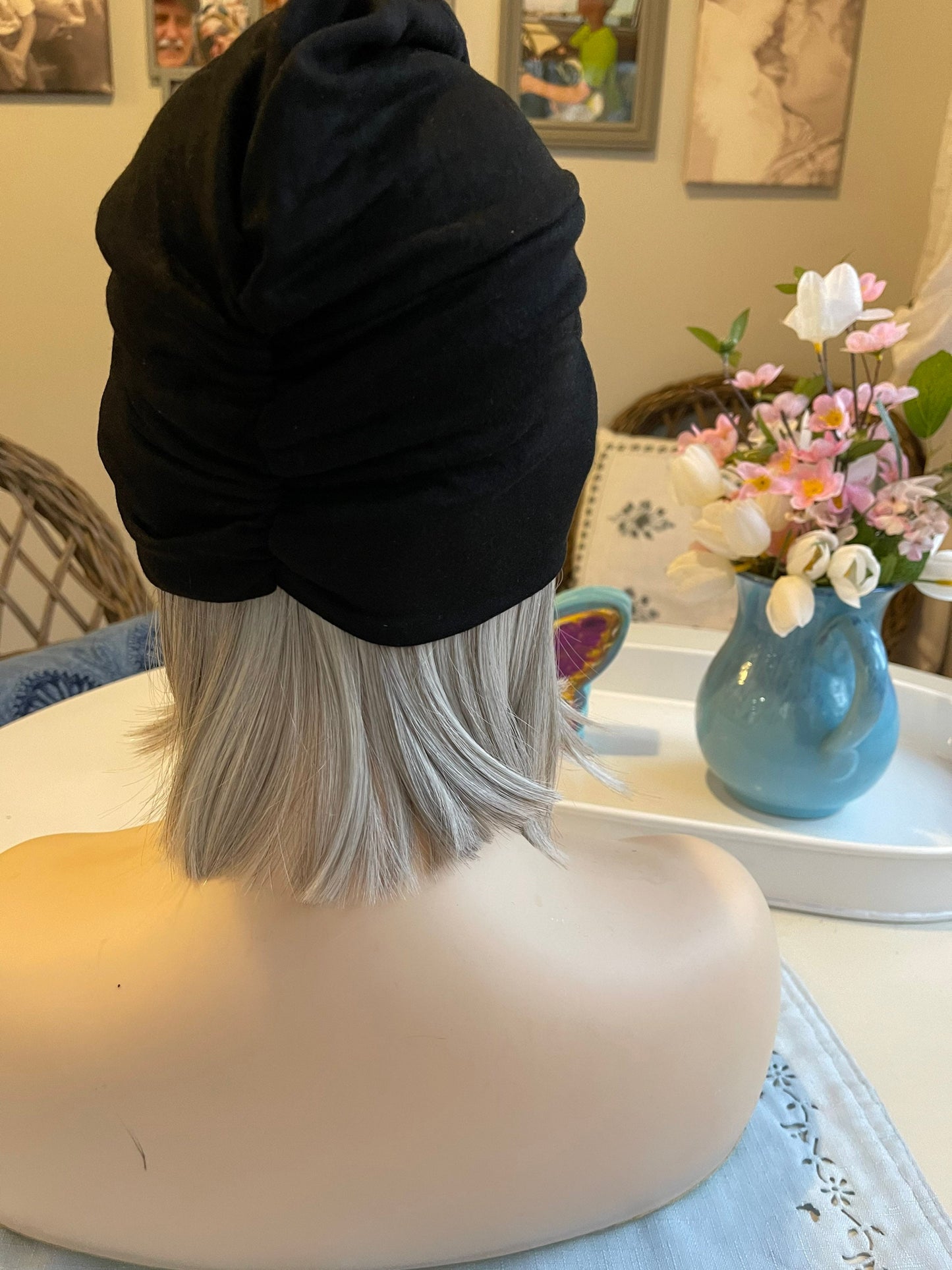 Knockout Salt and Pepper “Two Ways” Grey Turban Hair Wig Fall Wig Sleek Straight Wig Lightweight Wig Chemo Alopecia Trich Radiation Therapy