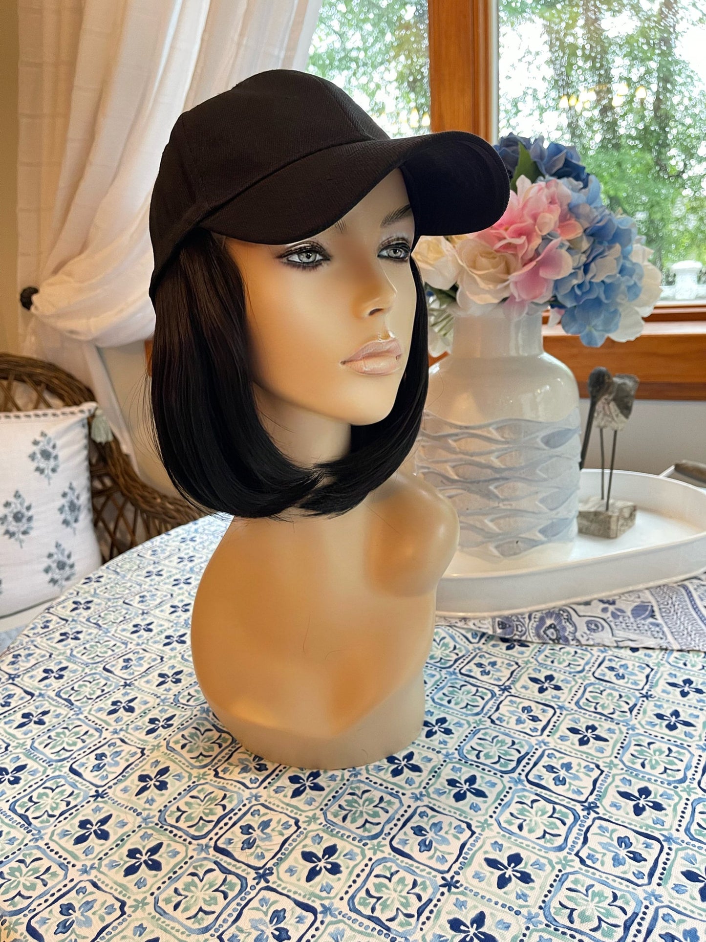 Hat Wig 8” Black Bob Ballcap Hair Wig Fall HD Wig Sleek Straight Wig Light Wig Chemo Alopecia Trichotillomania Radiation Therapy