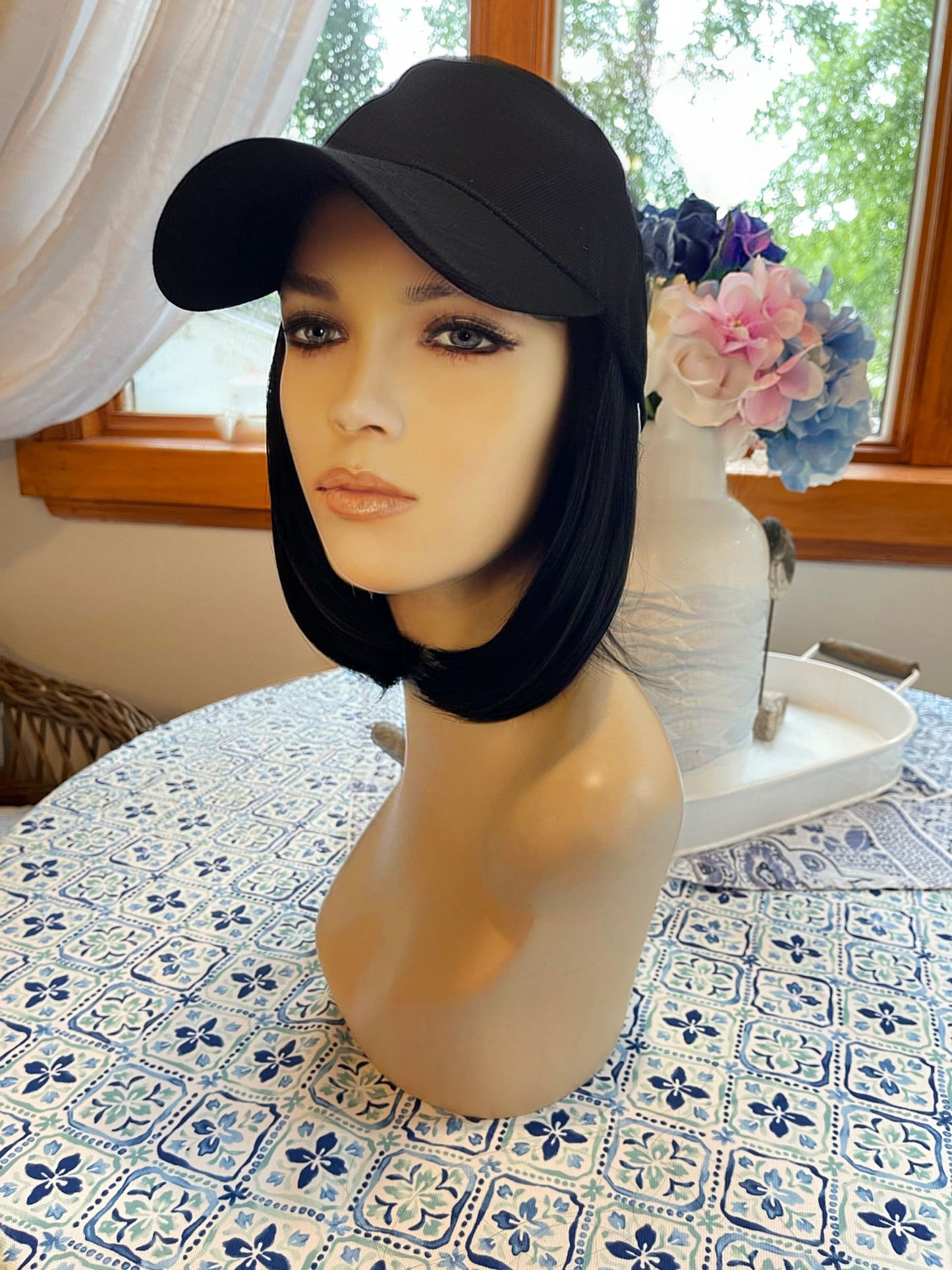 Hat Wig 8” Black Bob Ballcap Hair Wig Fall HD Wig Sleek Straight Wig Light Wig Chemo Alopecia Trichotillomania Radiation Therapy
