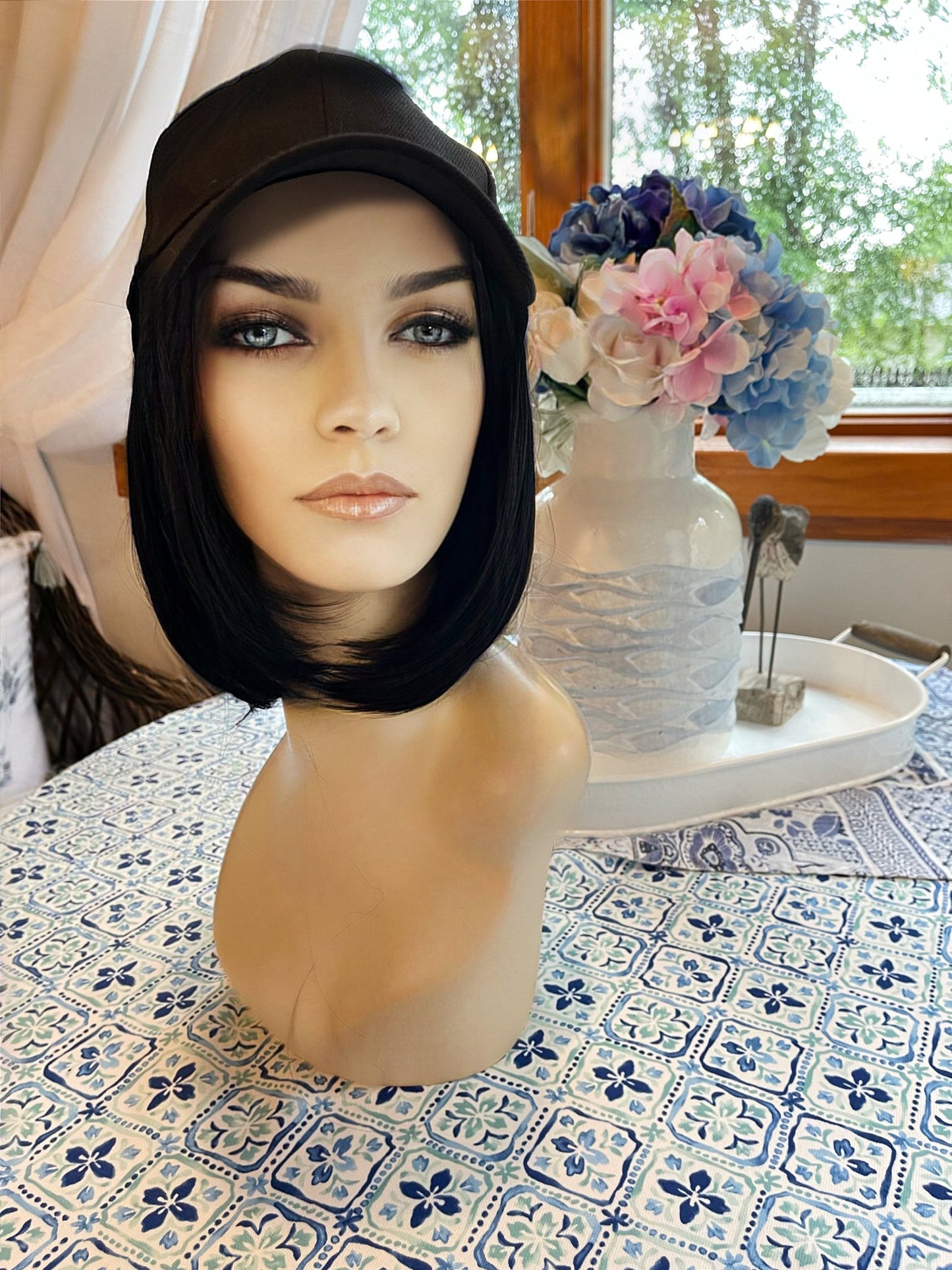 Hat Wig 8” Black Bob Ballcap Hair Wig Fall HD Wig Sleek Straight Wig Light Wig Chemo Alopecia Trichotillomania Radiation Therapy