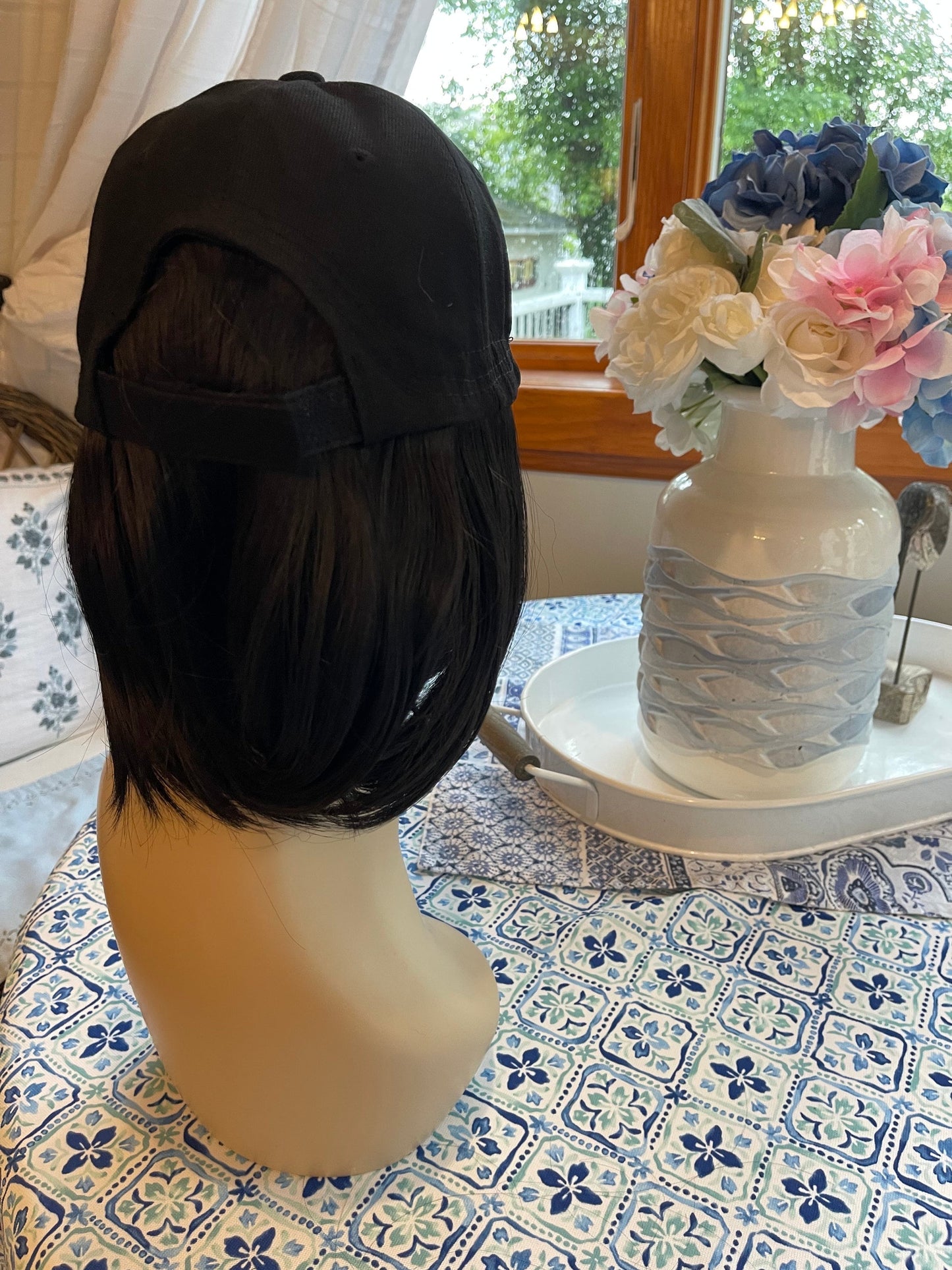 Hat Wig 8” Black Bob Ballcap Hair Wig Fall HD Wig Sleek Straight Wig Light Wig Chemo Alopecia Trichotillomania Radiation Therapy
