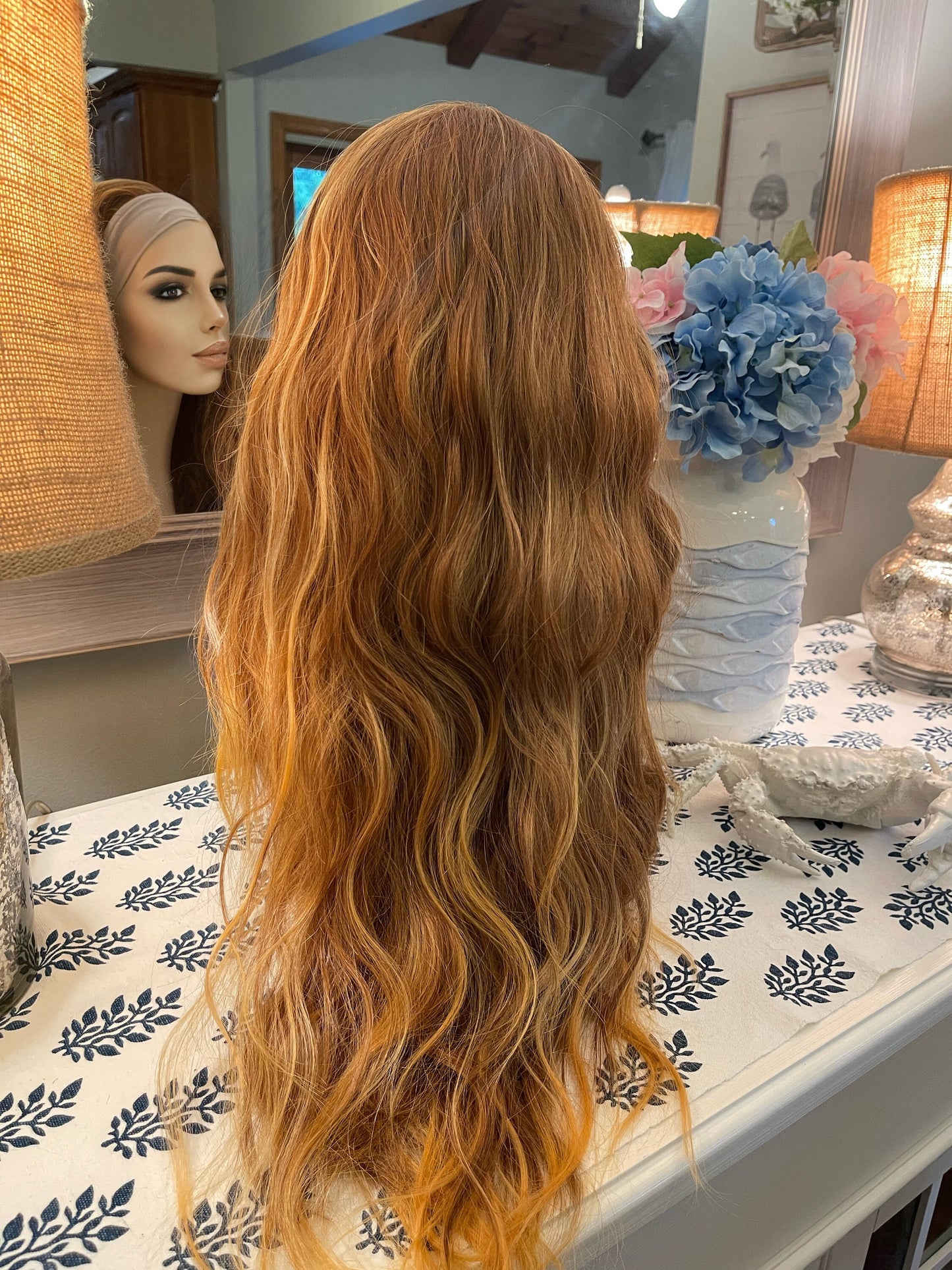 Paris Long Wavy Copper HighlightsHeadband Wig Fall HD Synthetic Fibers Medium Brown Wig Blonde Highlights Chemo Alopecia Wig