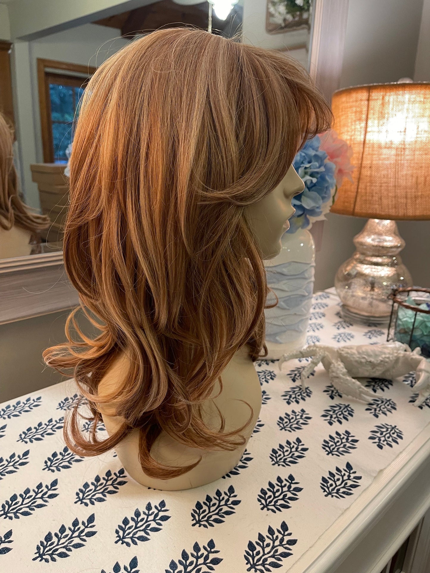 Augusta Strawberry Blonde Bang Long Wig Wavy Wig Medium Blonde Warm Toned Ginger Wig HD Synthetic Heat Safe Fibers Ready to Wear Glueless
