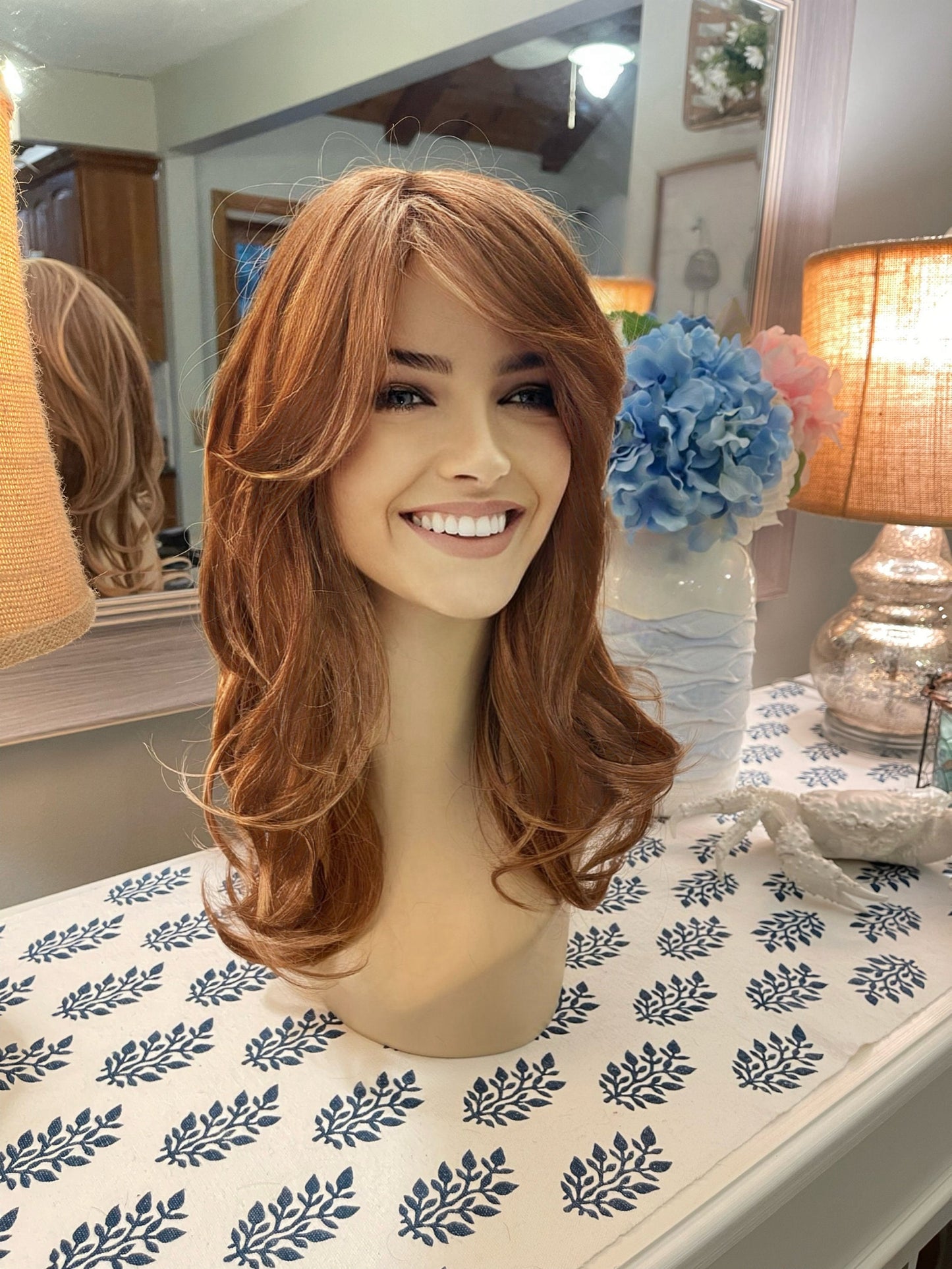 Augusta Strawberry Blonde Bang Long Wig Wavy Wig Medium Blonde Warm Toned Ginger Wig HD Synthetic Heat Safe Fibers Ready to Wear Glueless