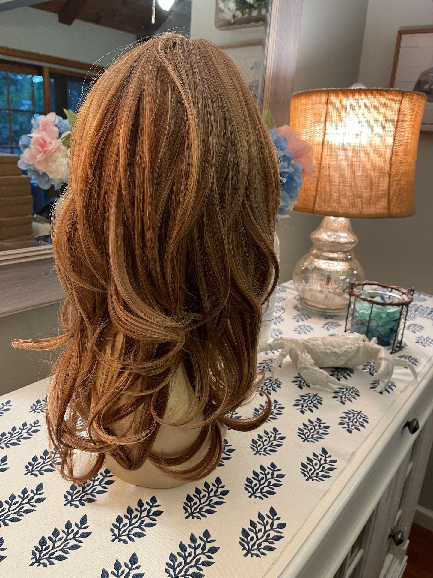 Augusta Strawberry Blonde Bang Long Wig Wavy Wig Medium Blonde Warm Toned Ginger Wig HD Synthetic Heat Safe Fibers Ready to Wear Glueless