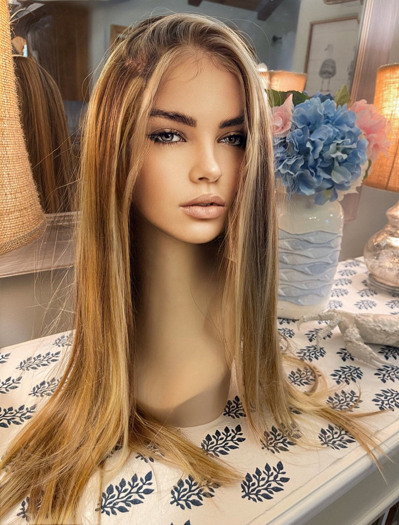 Maire Wig Straight Wig Light Density Mono Top Frontal Ash Blonde Highlights Ombre Wig Hand Tied Wig Lace Front Wig Parting Wig HD Lace Wig