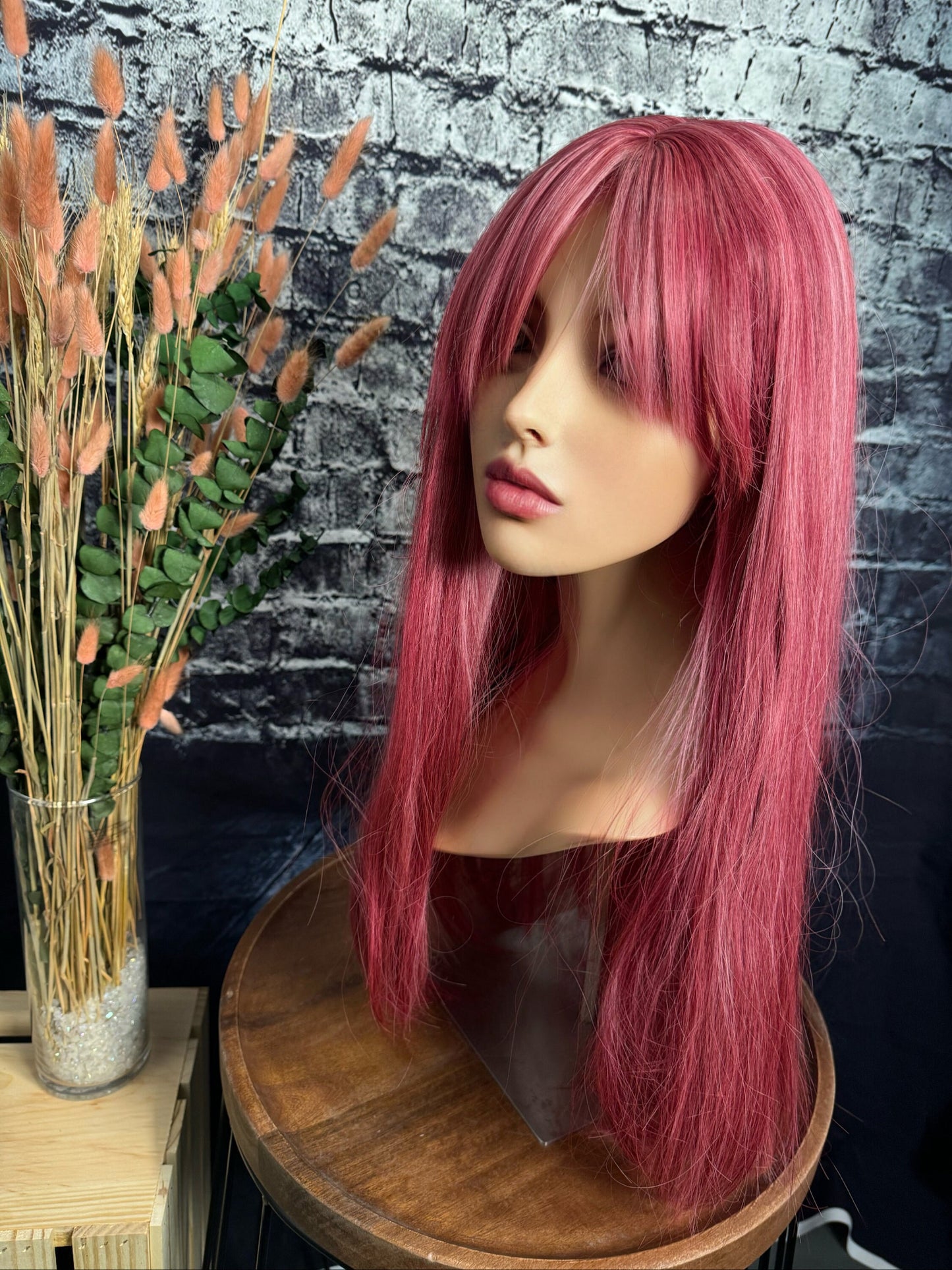 Spirit Pink Wig Magenta Pink Combo Highlights Wig Bangs Wig Straight Long Fringe Chemo Alopecia Wig