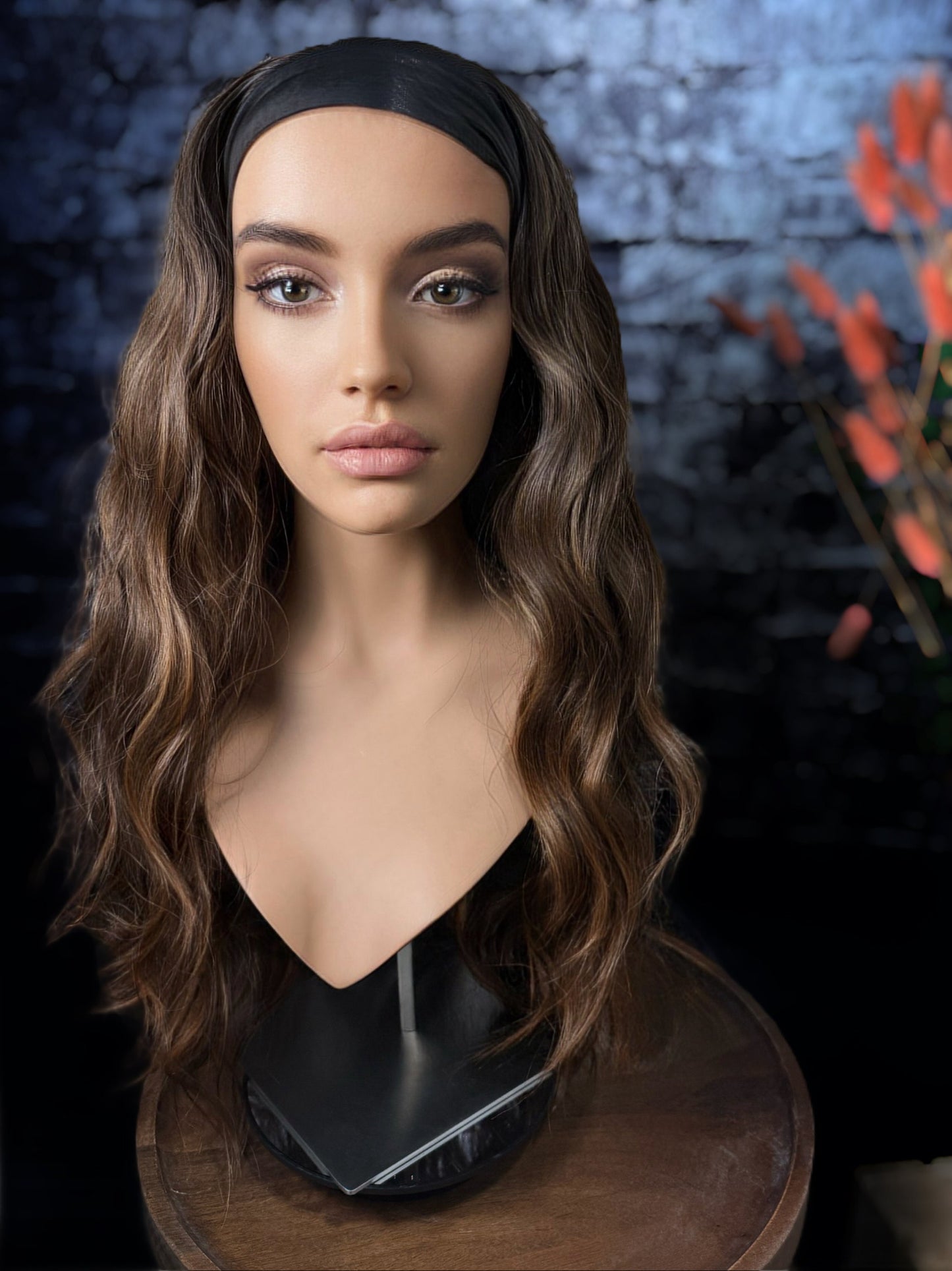 Haris Long Wavy Blonde Highlights Headband Wig Fall HD Synthetic Fibers Medium Golden Brown Highlights Chemo Alopecia Wig