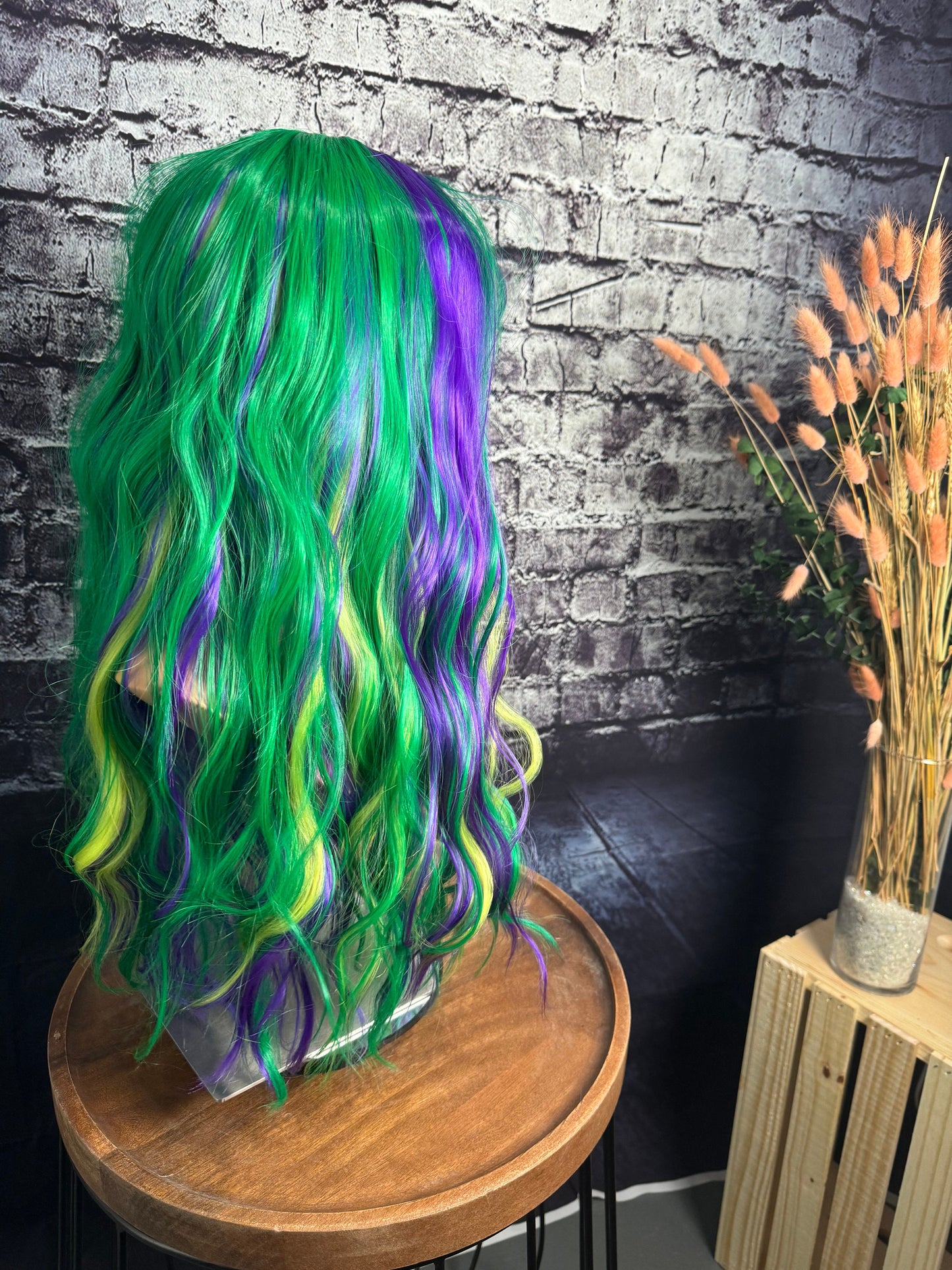 Mardi Gras Green Purple Gold Wig Bright Wig Sleek Wig Bright Black Straight Wig Bangs Drag Wig Chemotherapy Alopecia Burlesque Wig Showgirl