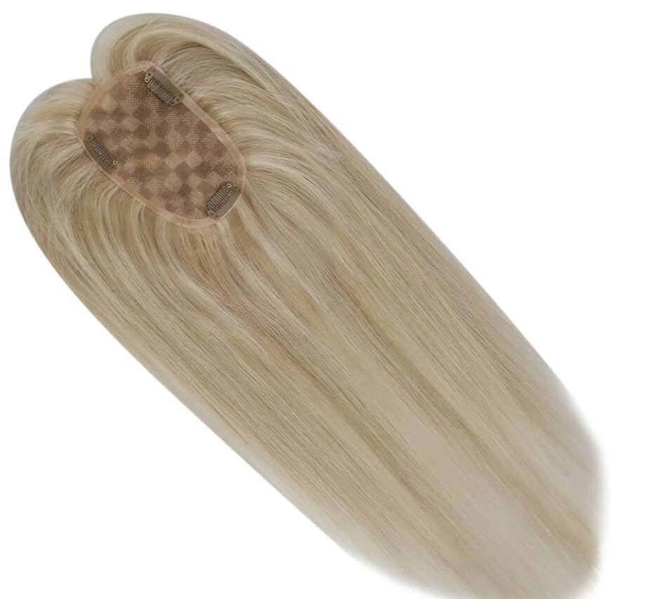 Baronette 22” Custom Light Mixed Blonde 110 Density Topper 100% Human Hair Topper Natural Mono Top Parting Topper for Clip In