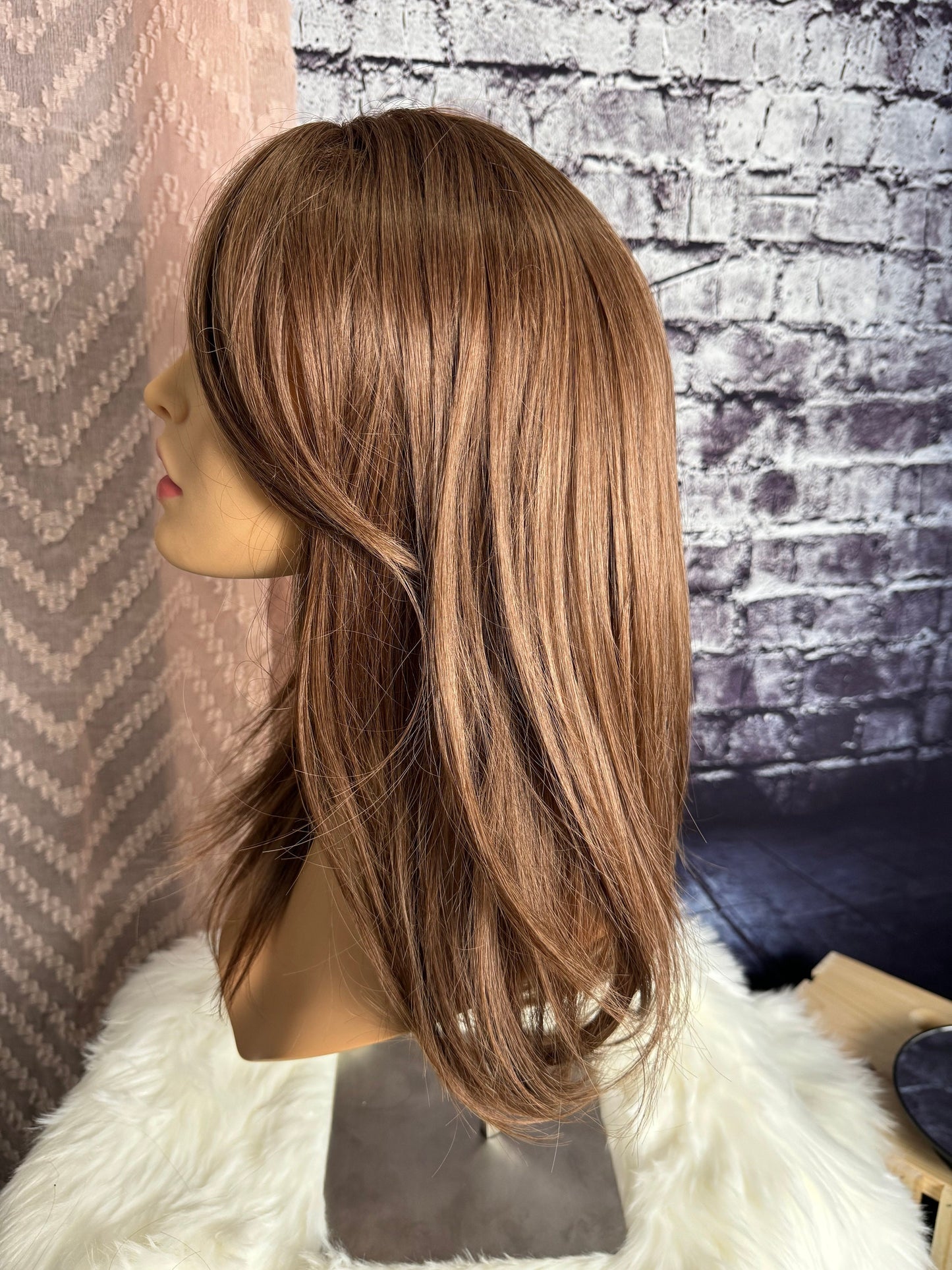 Coquette Warm Medium Brown Ombre Topper Light Bangs Heat Safe Synthetic Silk Top Parting Topper