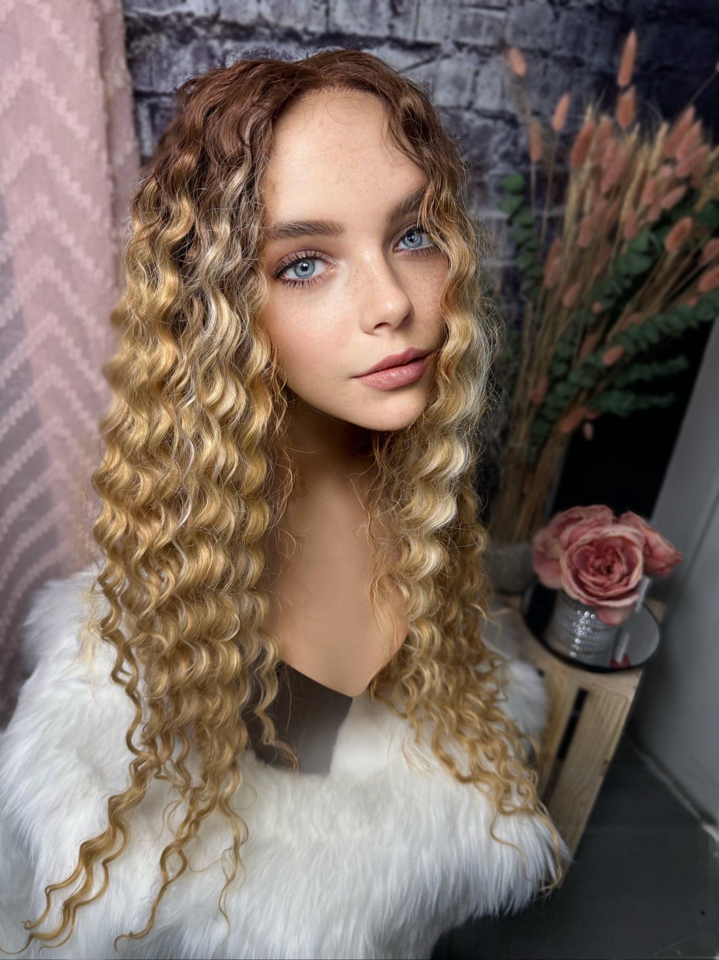 Kayt Lace Front HD Fibers Red Root Wig Golden Apricot Blonde Spiral Curls Ombre Wig