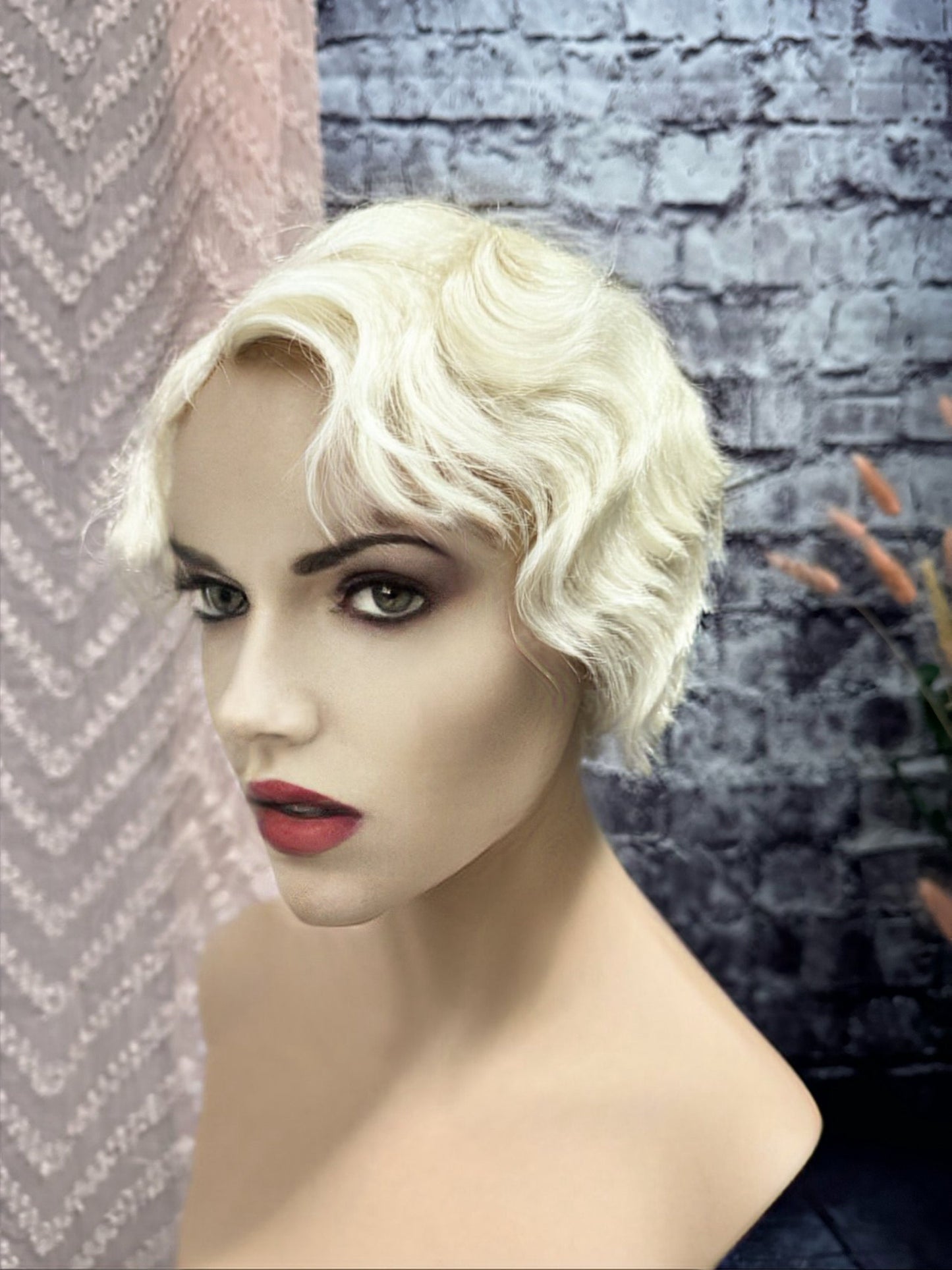 Jordan Human Hair Finger Wave 1920’s Great Gatsby Wig 100% Human Hair Wig Short Cut Wig Curly Lightest White Blonde Medical Wig Fashion Wig