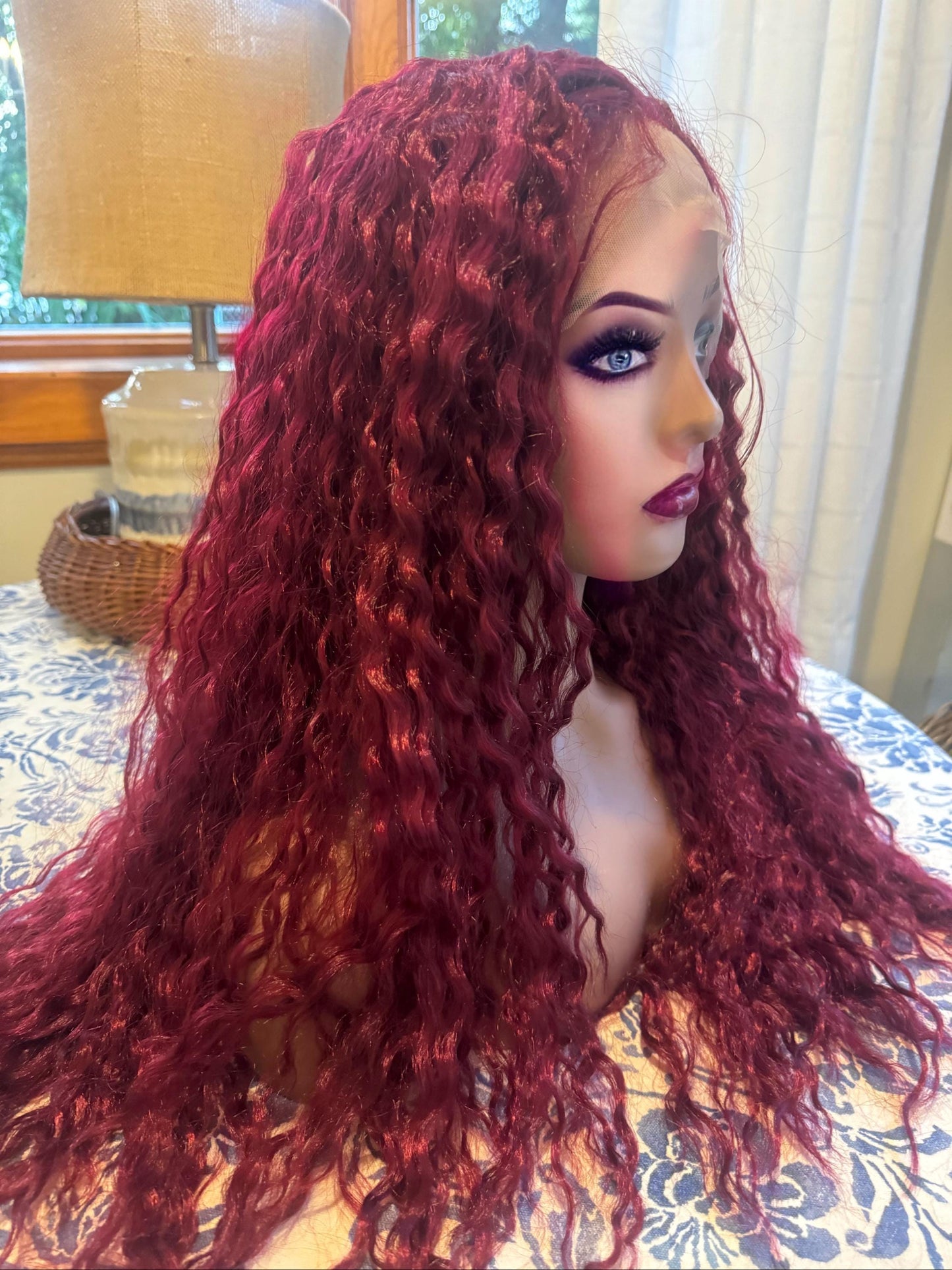 Chappell Hot To Go Burgundy Red Wig Lacefront Wig Roan Long Lean Curls HD Synthetic Cosplay Drag Wig Pink Pony Club Girl Femme