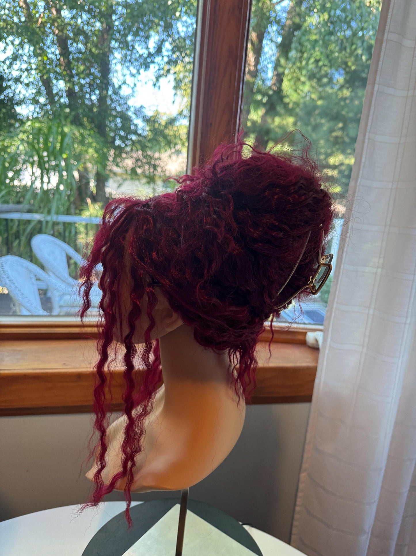 Chappell Updo Hot To Go Burgundy Red Wig Lacefront Wig Roan Long Lean Curls HD Synthetic Cosplay Drag Wig Pink Pony Club Girl Femme