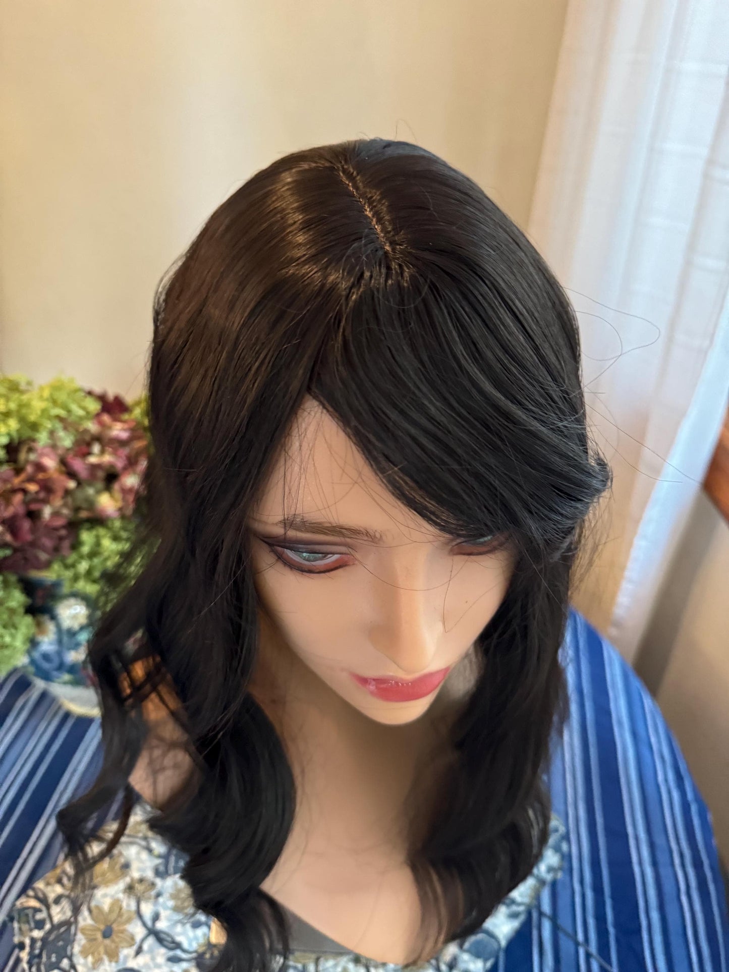 Marlette Cool Medium Brown Ombre Topper Light Bangs Heat Safe Synthetic Silk Top Parting Topper