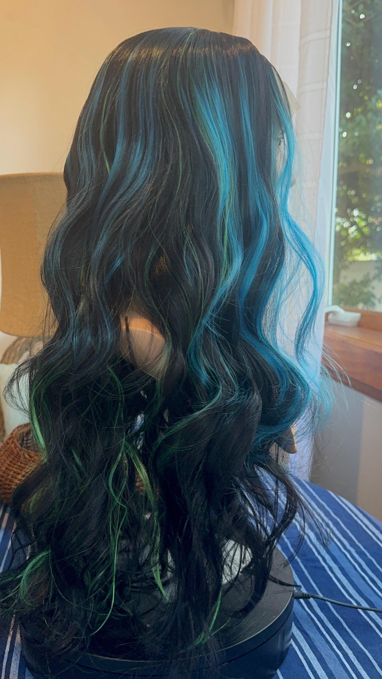 Aquarian Wig Chunky Highlight Peacock Blue Green Black Money Piece Wig Hand Tied Long Length Lace Frontal Wig Short Wig Pride Burlesque