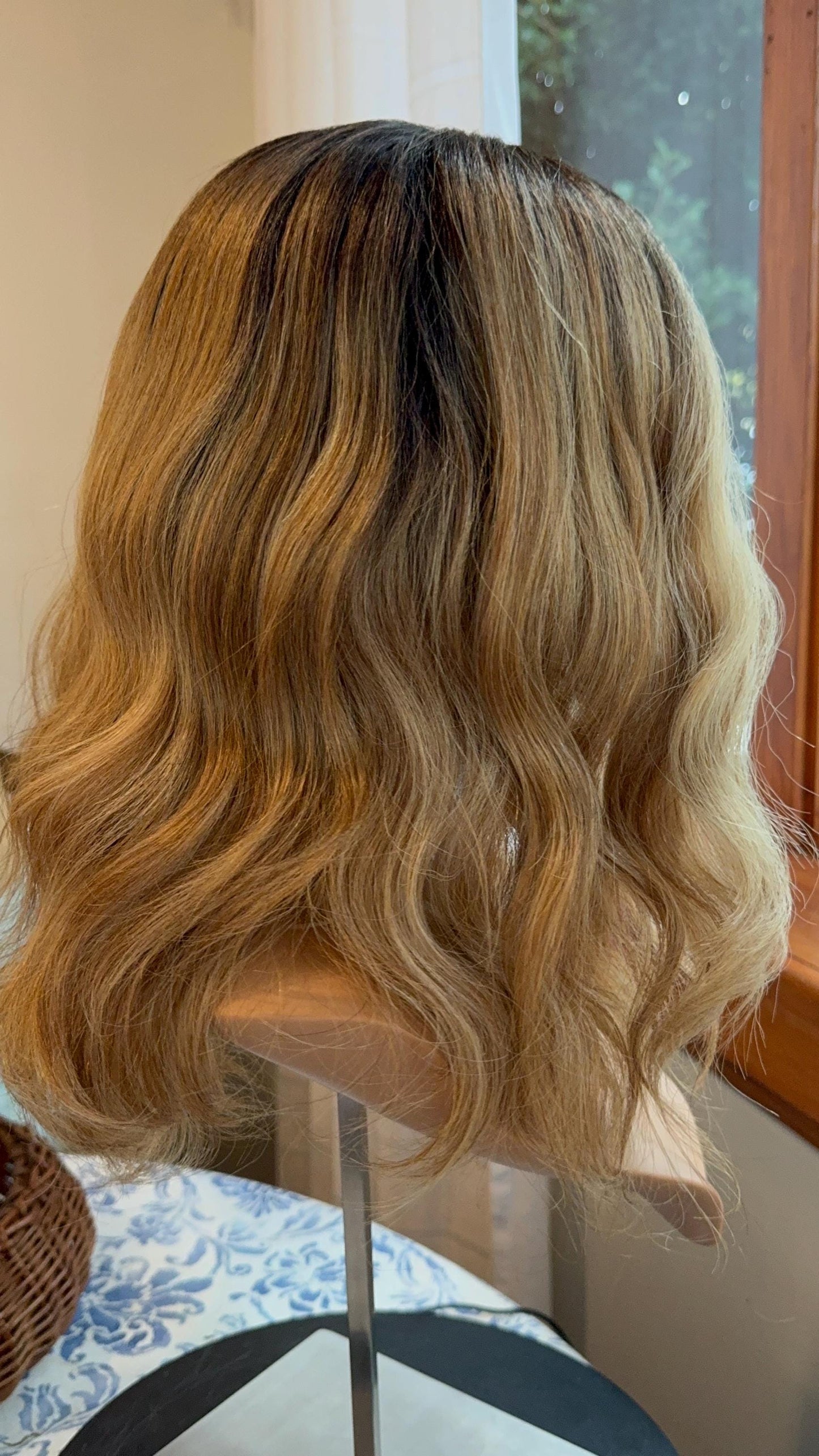 Honey Wheat Blonde Rooted Balayage Lace Front Wig With HD Lace Parting Curly Colormelt and HD Synthetic Alopecia Chemo Wig