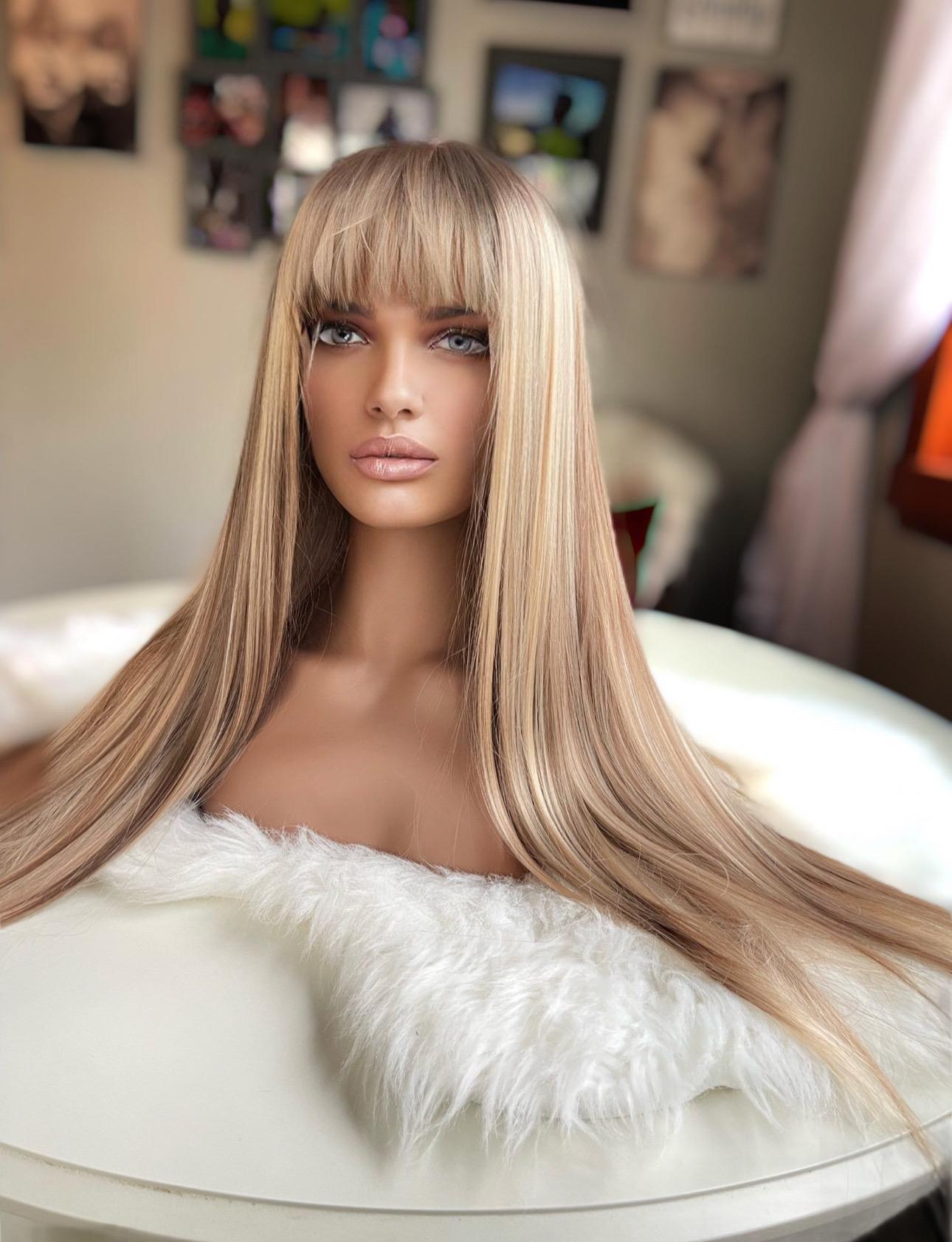 Add a bang*** Nala Tik Tok Miley Costume Natural Lace Front Wig Natural Warm Blonde Combo Highlighted Wig Long Wig Straight Hair Loss