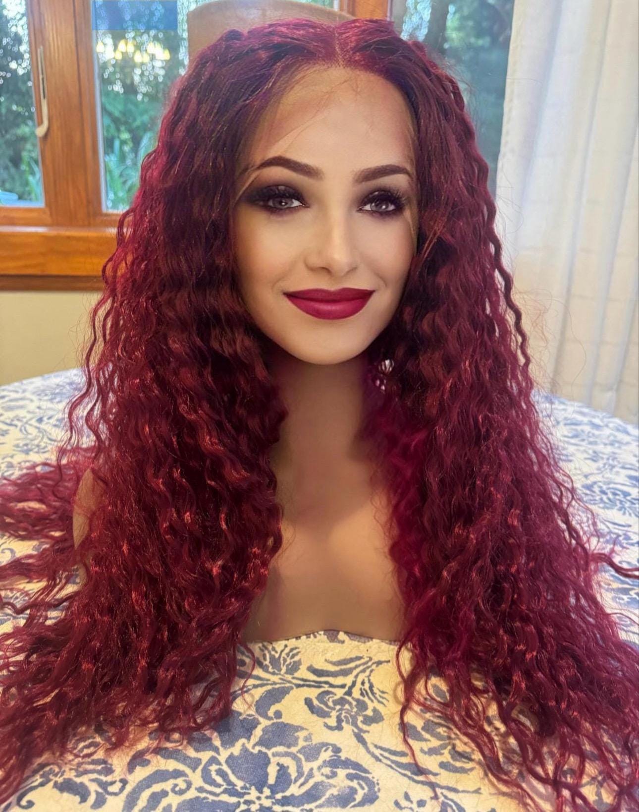 Chappell Hot To Go Burgundy Red Wig Lacefront Wig Roan Long Lean Curls HD Synthetic Cosplay Drag Wig Pink Pony Club Girl Femme