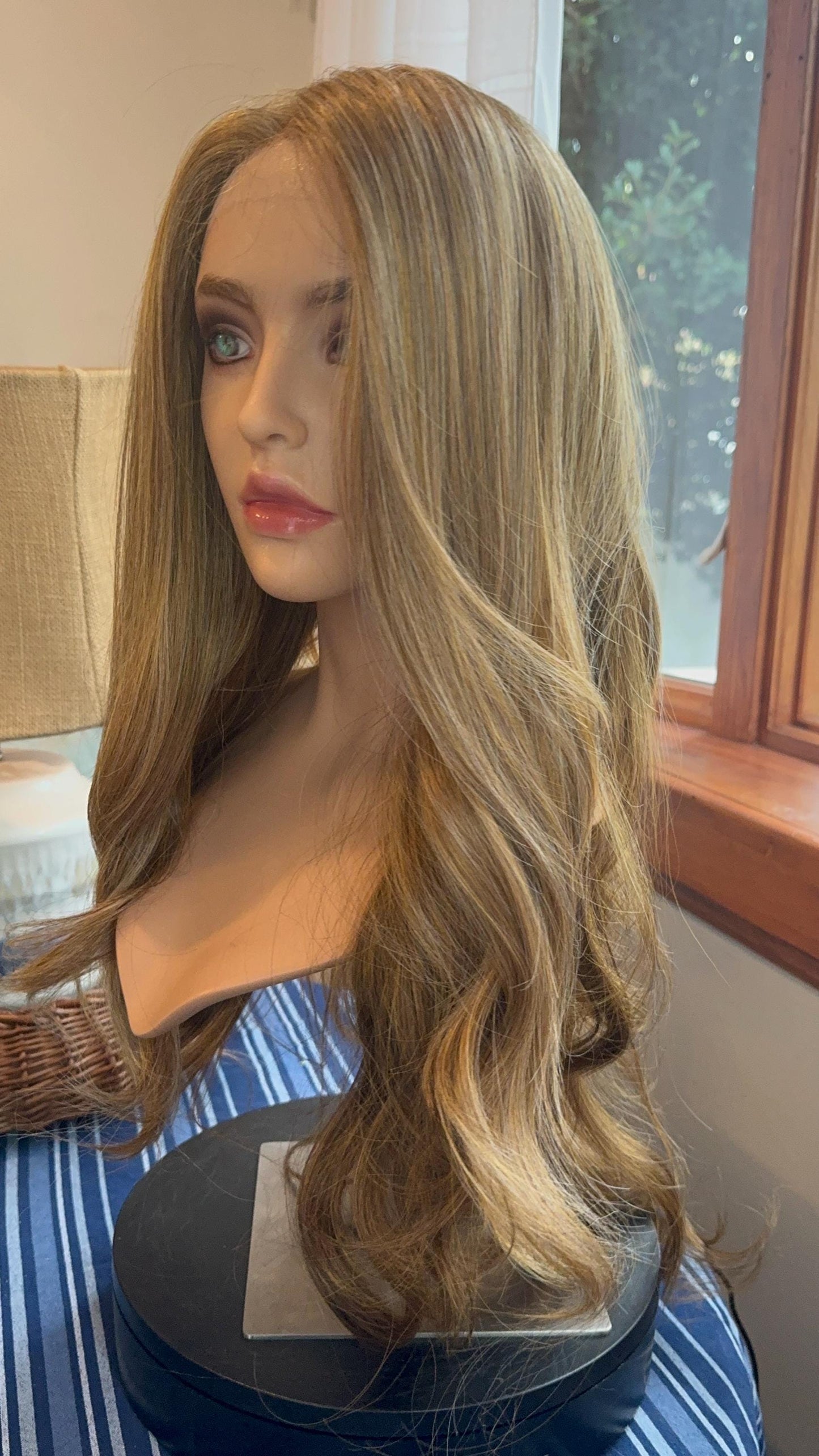 Leah Frontal HD Human Blend Golden Strawberry Blonde Lace Frontal Mono Top Red Deep Curls Dark Root Hand Tied Chemotherapy Hair Loss Wig