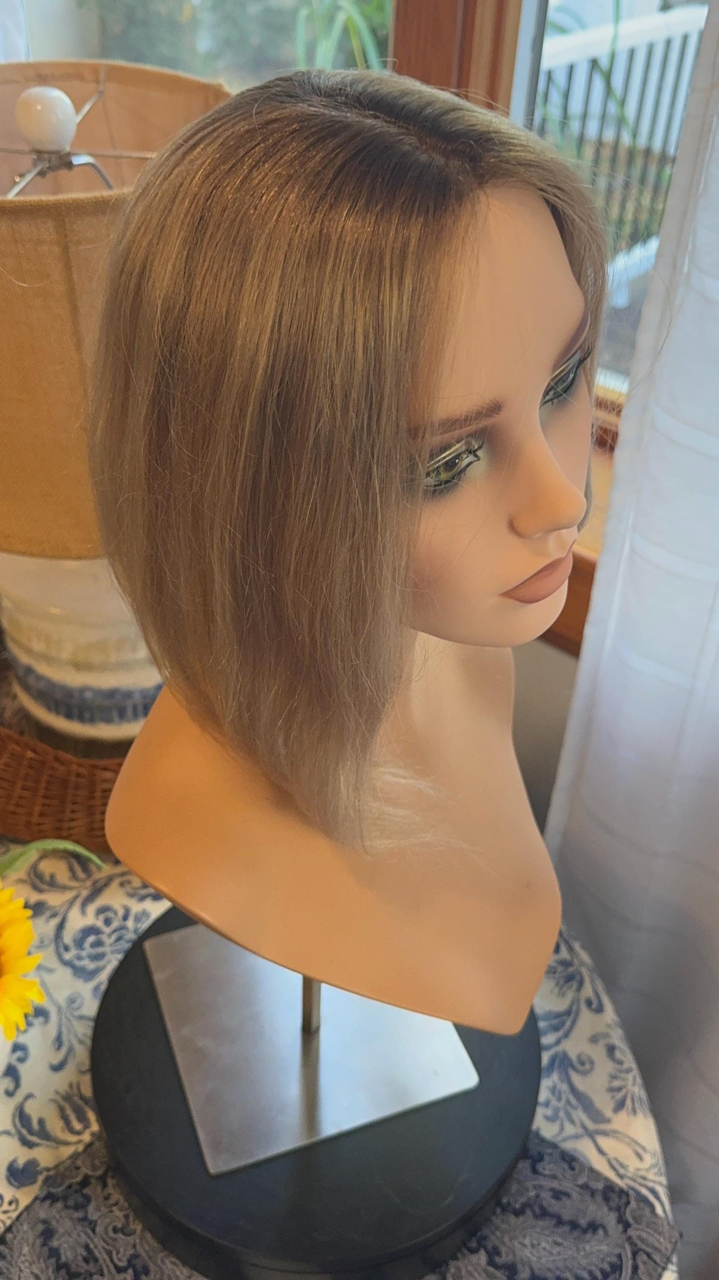 Vernette Light Density Topper 100% Human Hair Topper Wig Smoky Blonde Rooted Silk Top Parting Topper for Clip In Hair