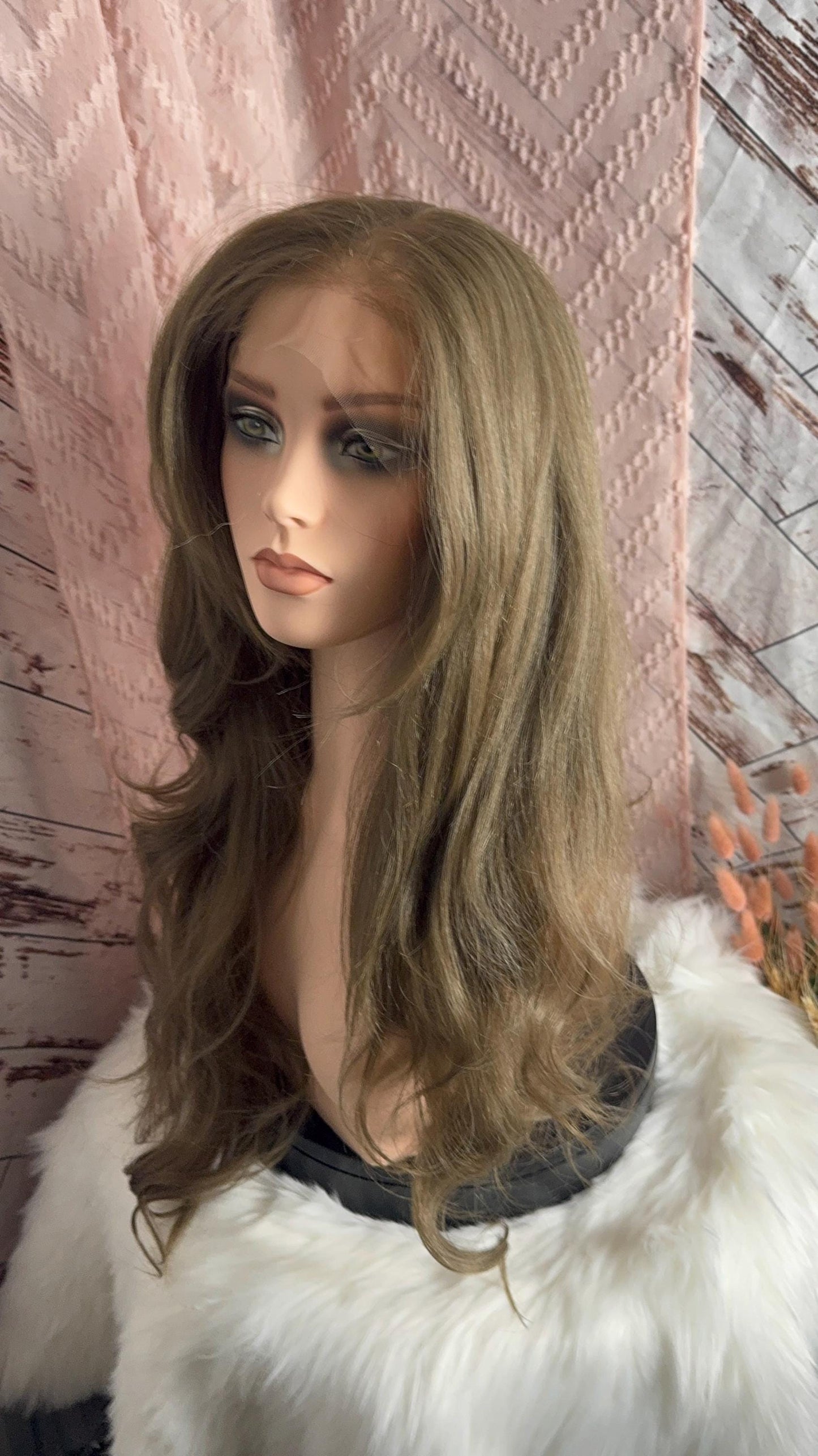 Clove Full Density Long Wig HD Synthetic Lace Frontal Light Double Ash Brown Ombre Wig Real Hand Tied Wig Lace Front HD Lace Wig 13x6