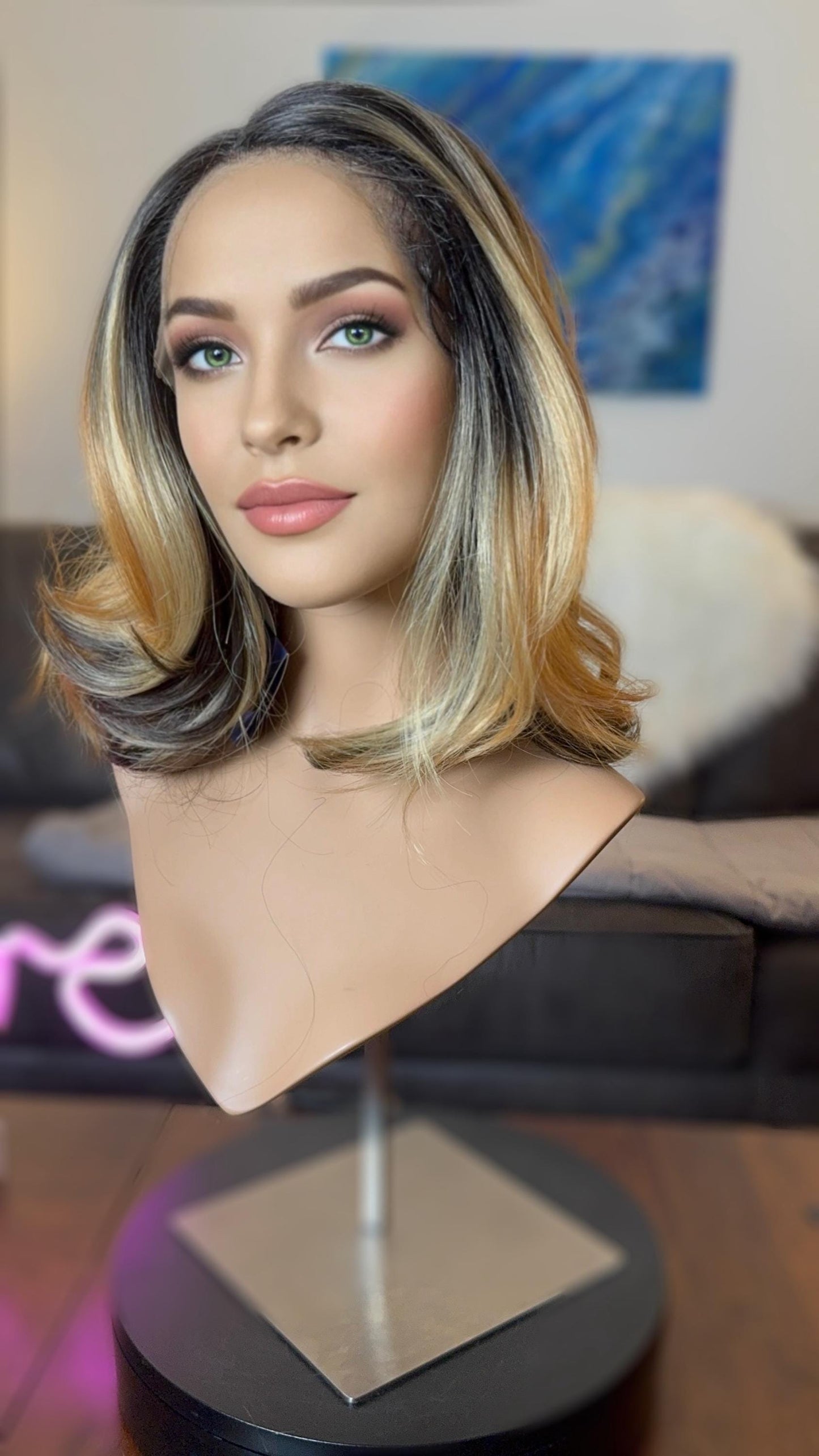Fionna Rich Honey Blonde Dark Rooted Layered Deep Curl Bob Lace Front Wig Side Part With HD Lace The Wig Witch Wigs