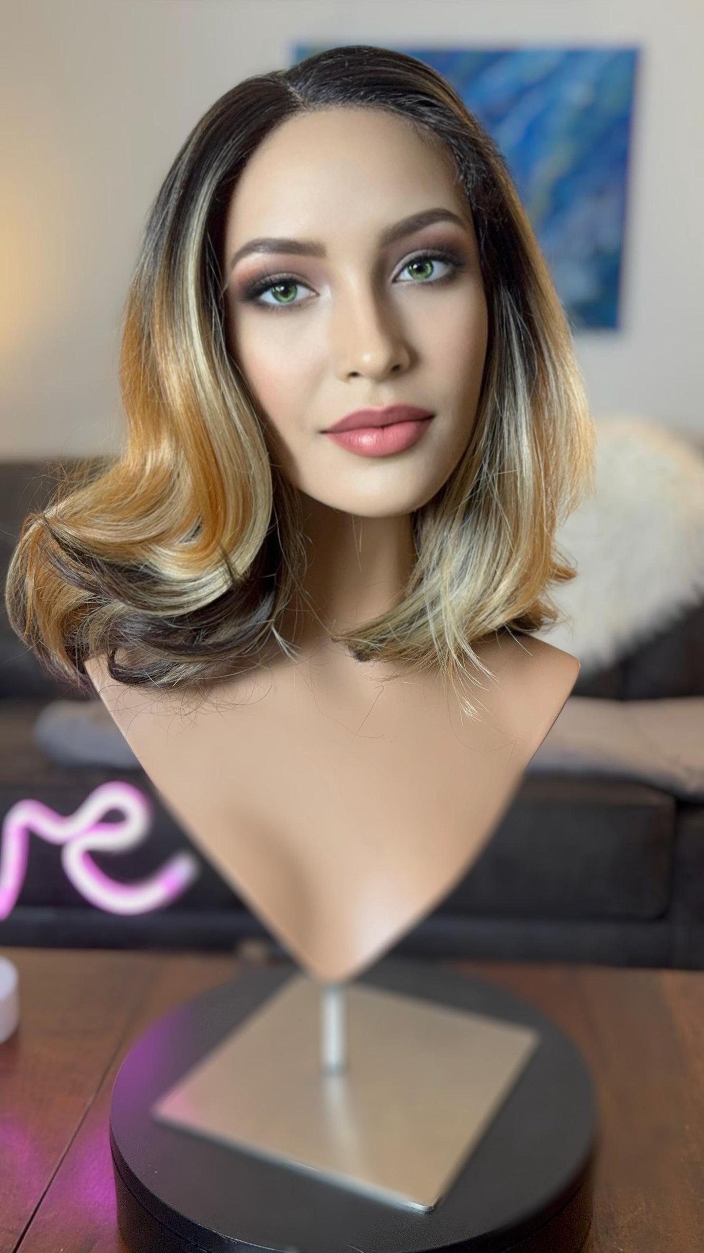 Fionna Rich Honey Blonde Dark Rooted Layered Deep Curl Bob Lace Front Wig Side Part With HD Lace The Wig Witch Wigs