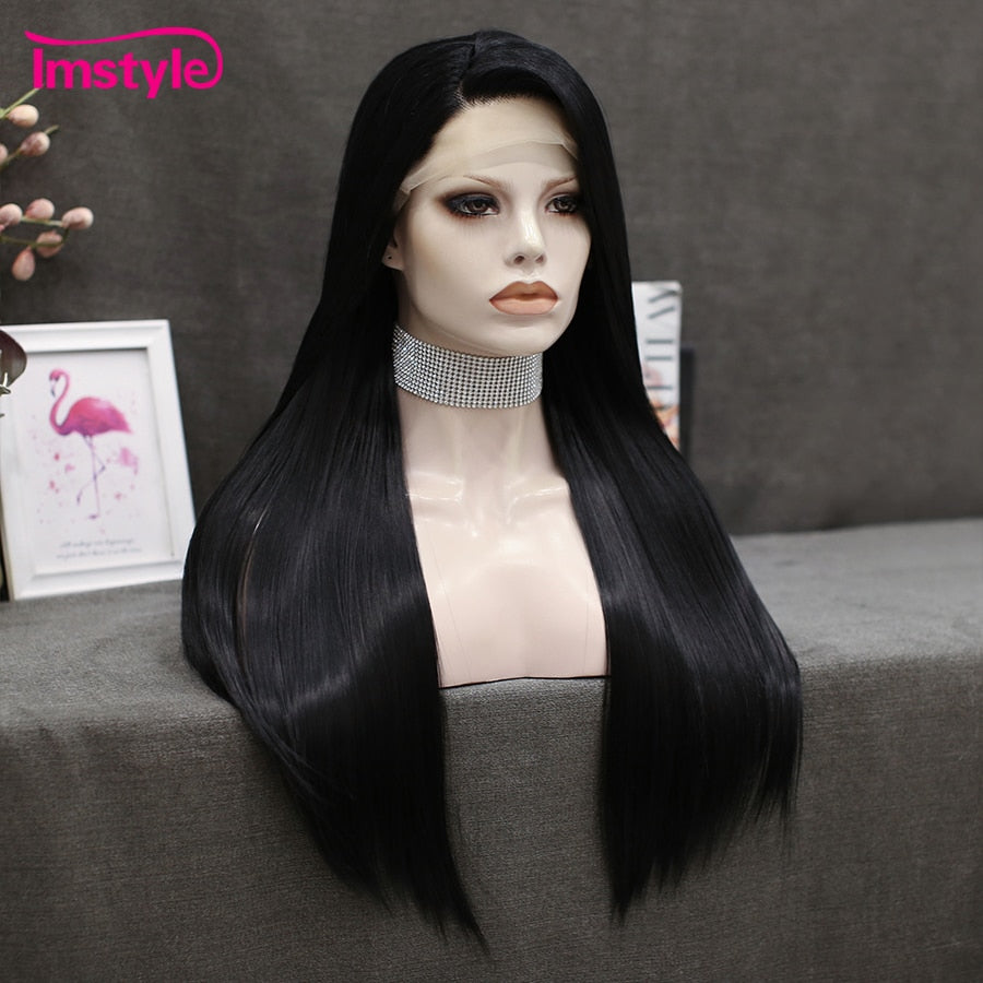 Straight Black Wigs Synthetic Lace Front Wig Long Hair Heat Resistant Fiber Green Wigs For Women Daily Cosplay Wig