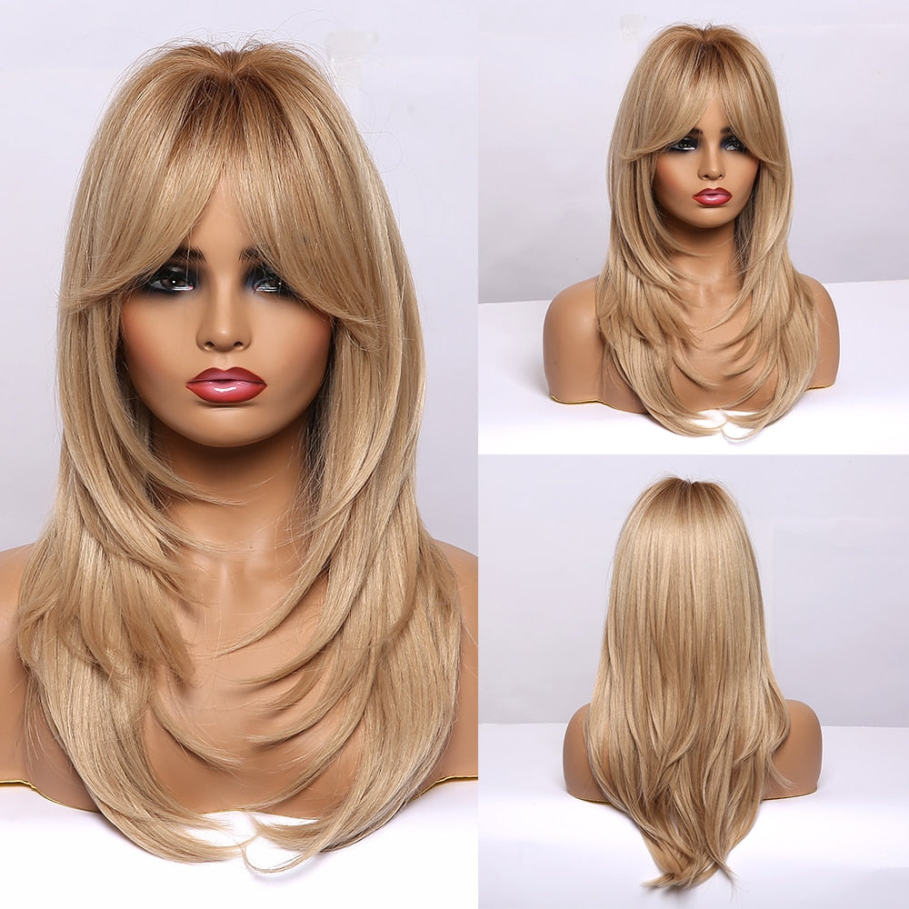 Layered Medium Warm Blonde Ginger Toned Root Bob Synthetic Wig Hair with Bangs Heat Resistant Fibre