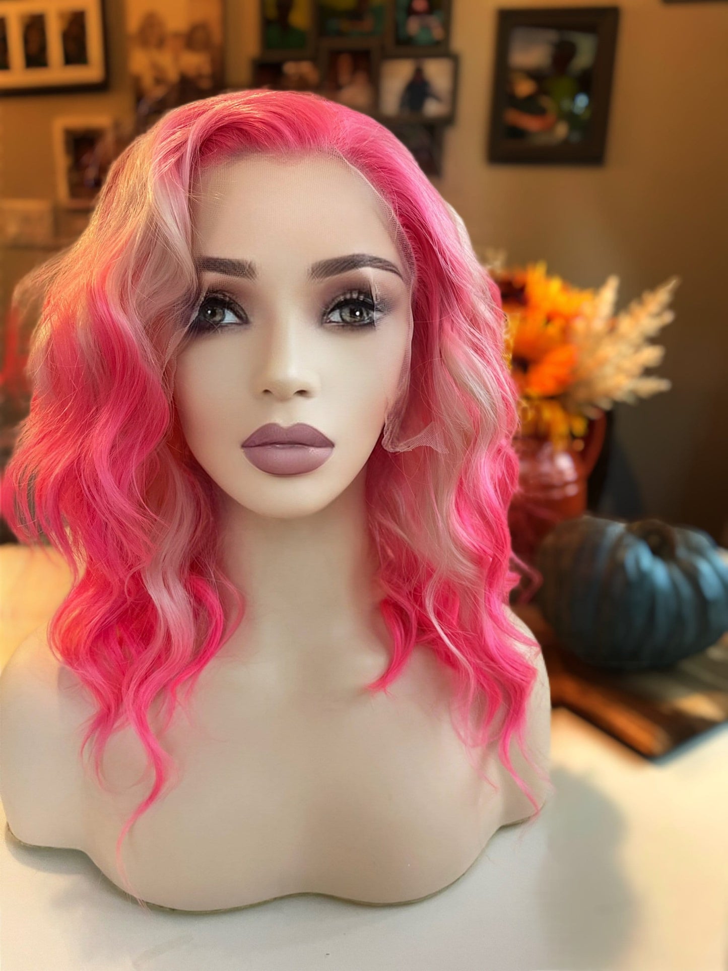 Sheba Wig Neon and Pastel Pink Wig Frontal Colorful Wig Hand Tied Color Shorter Length Lace Front Wig Short Wig Pink Undercolor