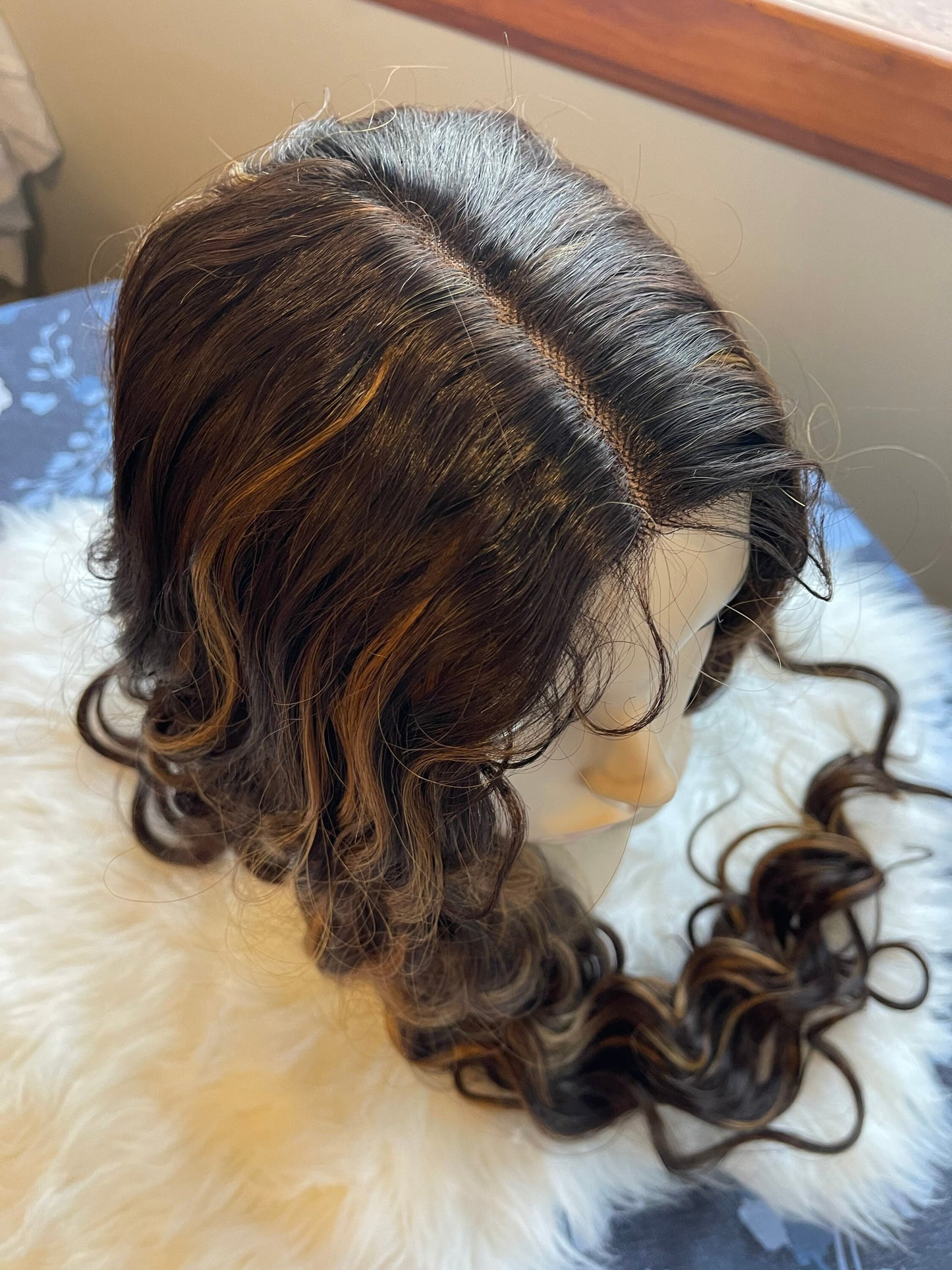 Ephemerelle Extra Long Wig Curly Wig Light Density Hand Tied Dark Brown Caramel Human Blend Highlights Wig Hand Tied Wig HD Lace Wig