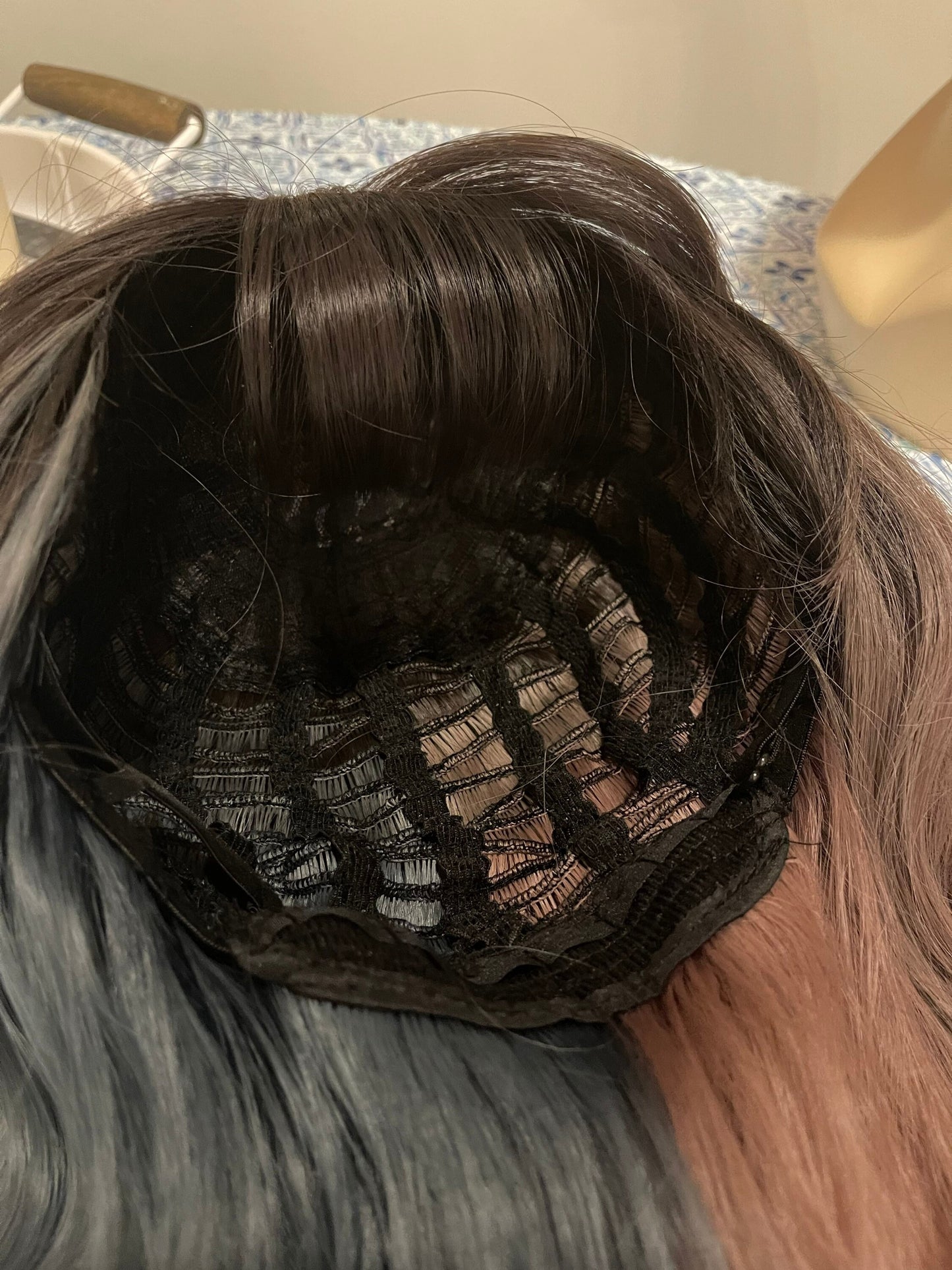 Grady Subtle Dusty Rose Dusty Blue Split Dye Highlights Black Wig With Bangs Long Black Wig With Bangs Goth Wig HD Fiber Wig